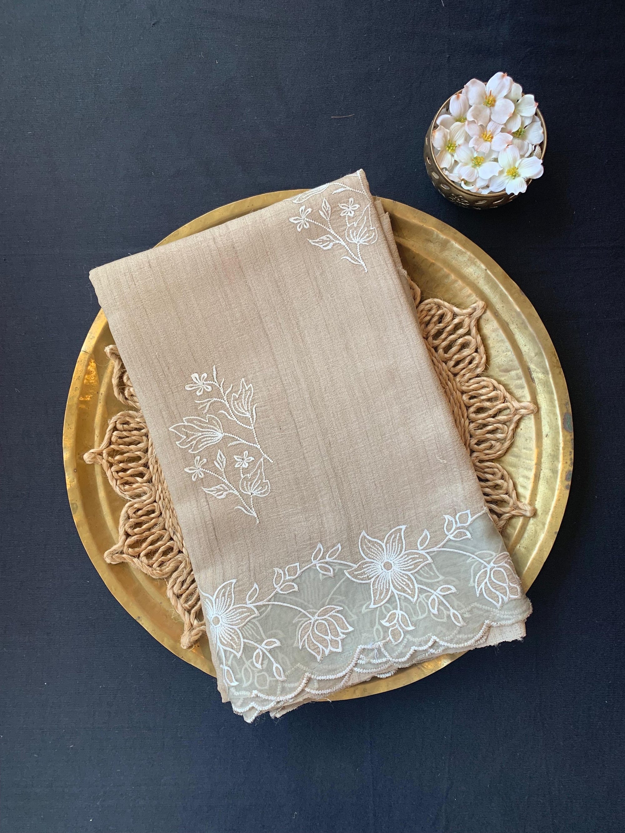 Pure handloom Tussar Designer Saree with Organza Applique Cutwork Border