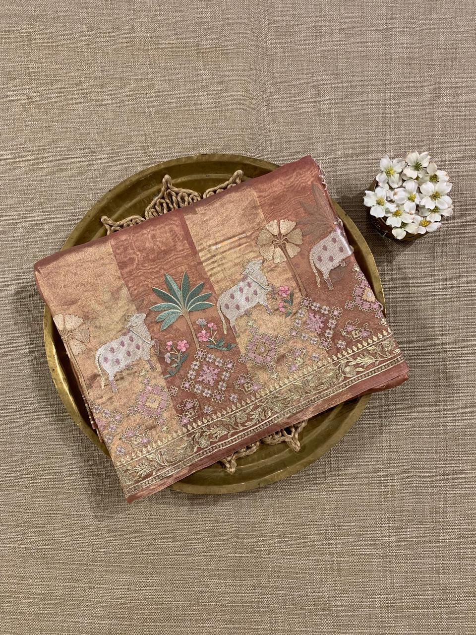 Onion Pink Kora Tissue Stripes with Pichwai & Jamdani Inspired Embroidery