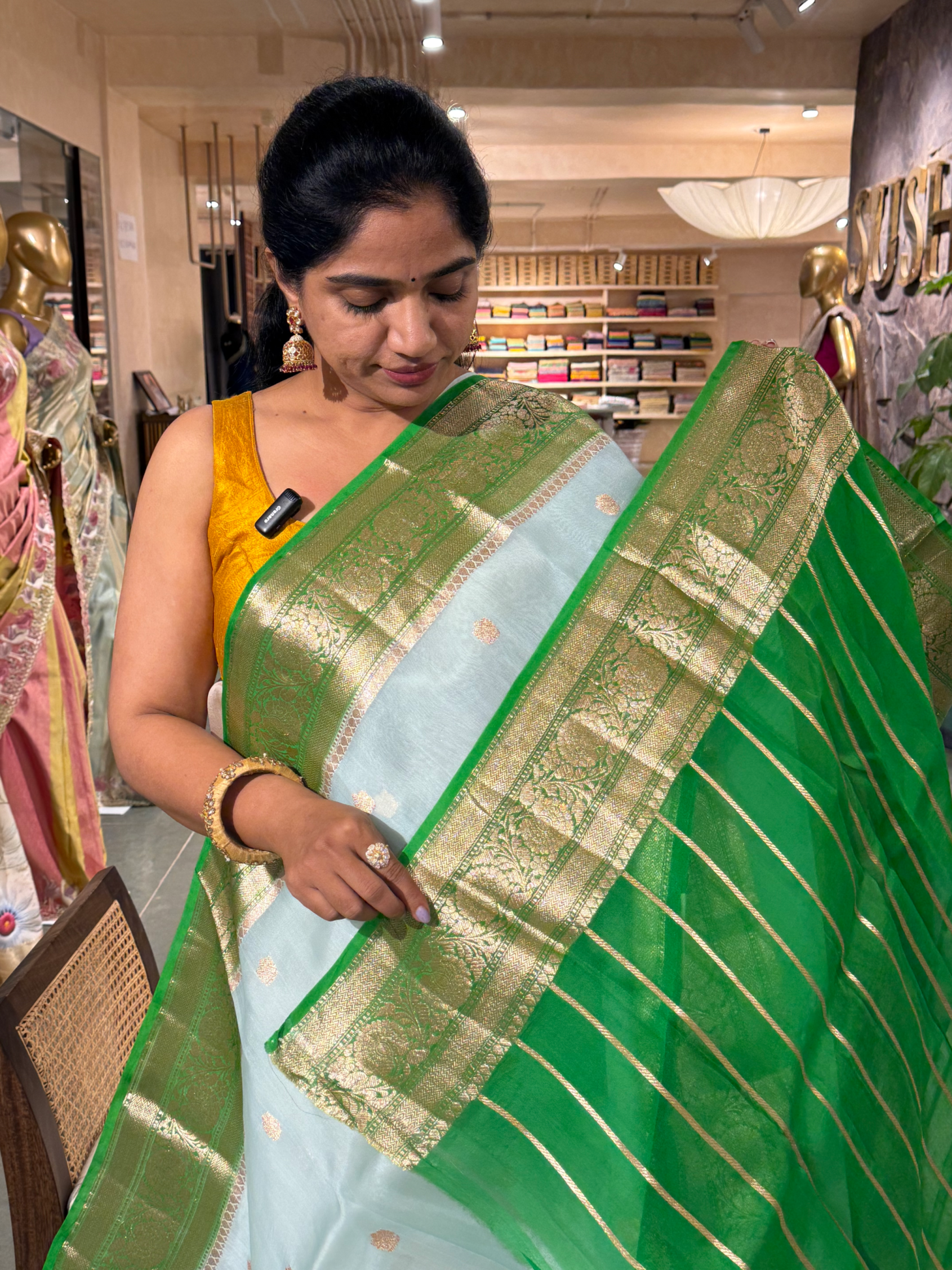 Sky Blue & emerald Green Combo Pure Handloom Kora Banarasi Saree