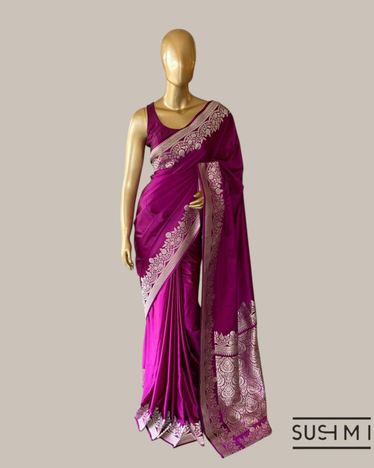 Majenta Purple Mashru Silk Saree With Straight and Scalloped Border