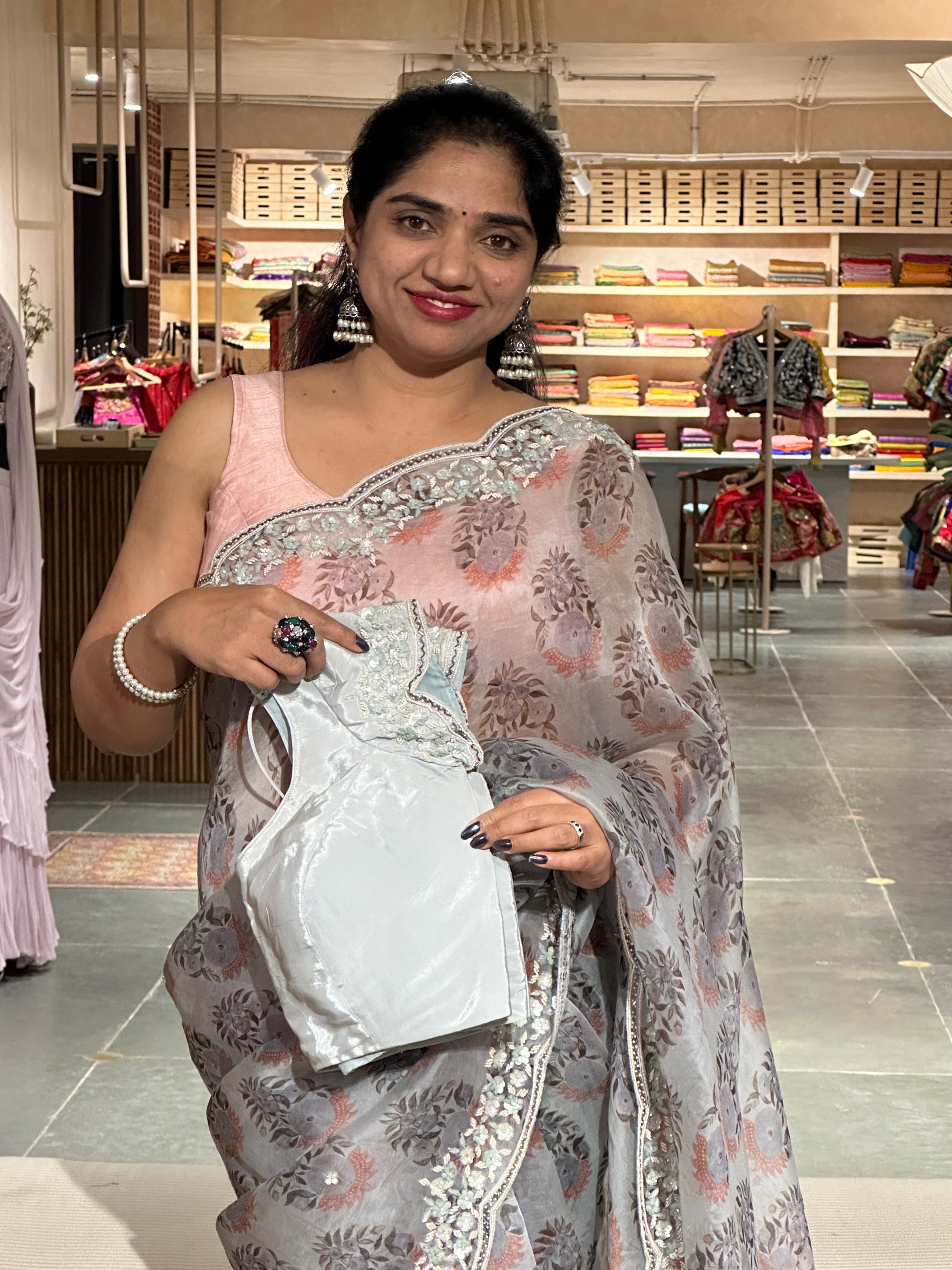 Silverish Grey Pure Organza  handwork  Saree with Sabyasachi  floral print