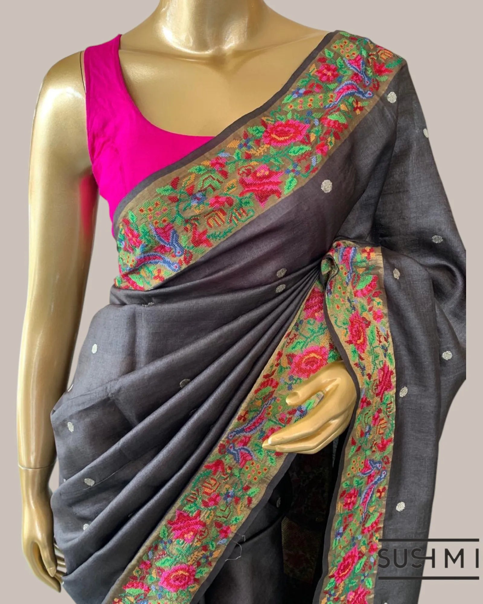 English Brown Pure Tussar Saree with allover golden zari buti and Petite Point