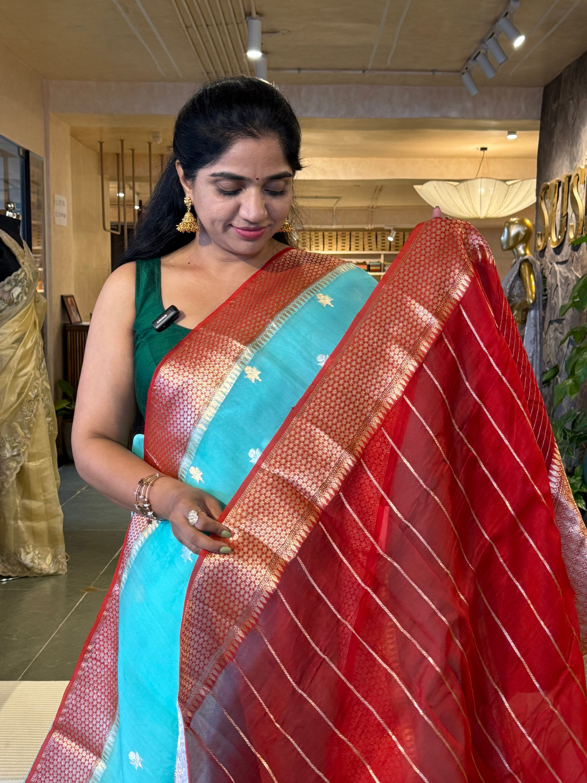 Teal and Chilli Red Combo Kora Banarasi  Saree with kaduwa Weaving