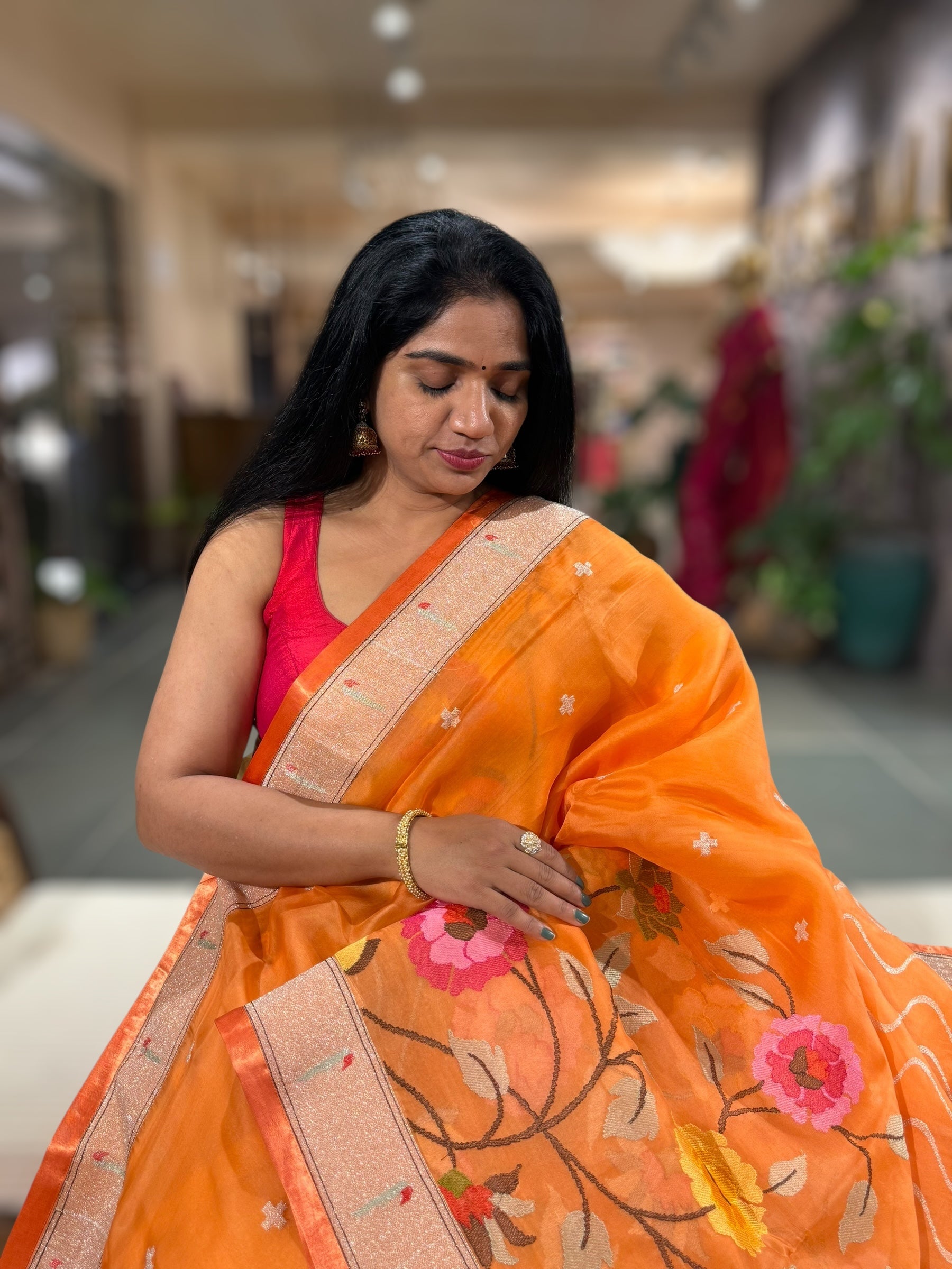 Orange Organza Silk Saree With Jamdani Inspired Embroidery