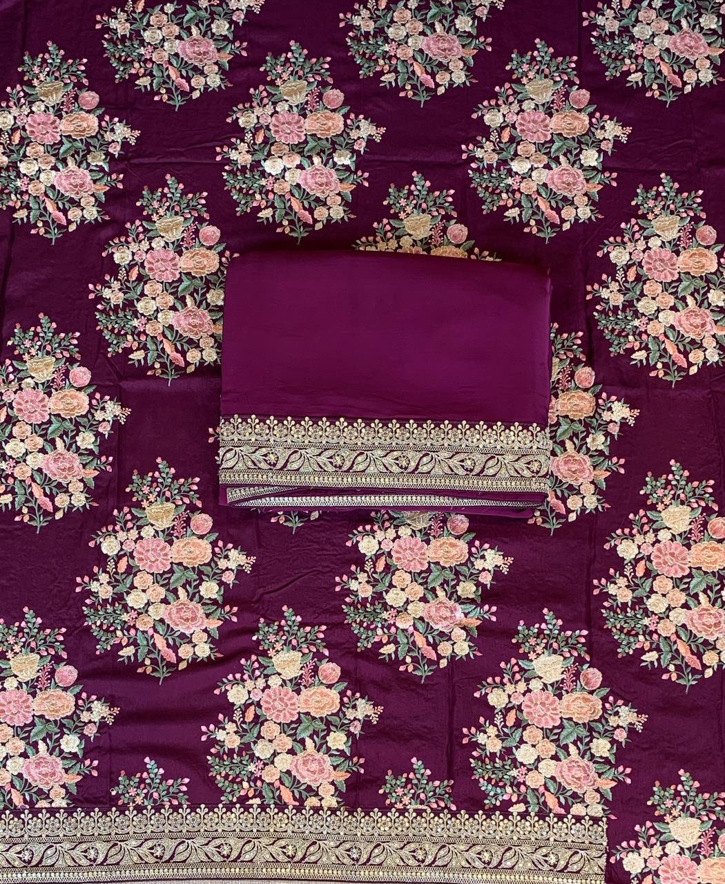 Wine Pure Satin Silk Saree With Sabhya Borders & Allover Emb Blouse