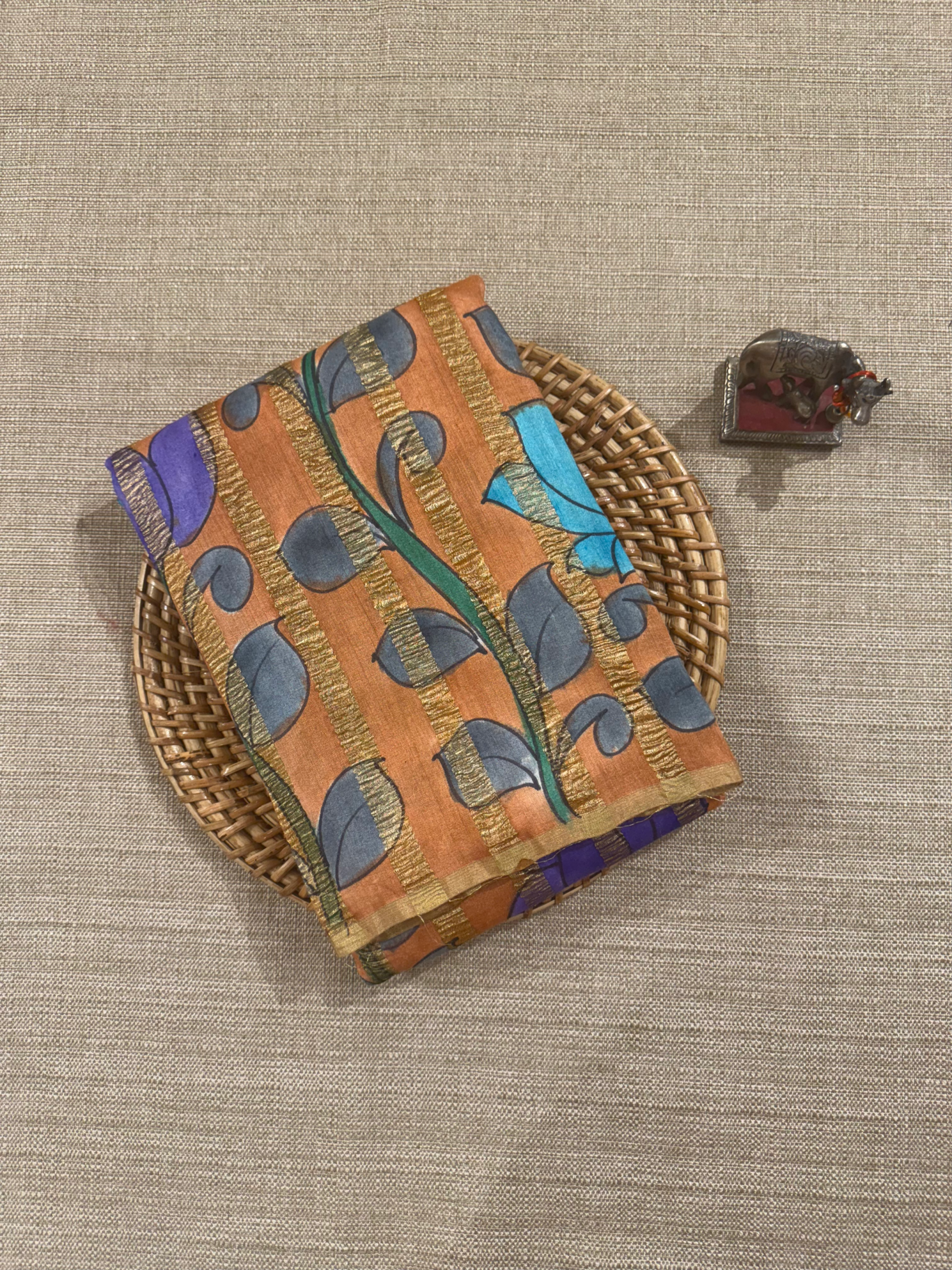 SMTKM174 Pure Handloom Munga Silk Wth Tissue Stripes & Penkalamkari Handpainting