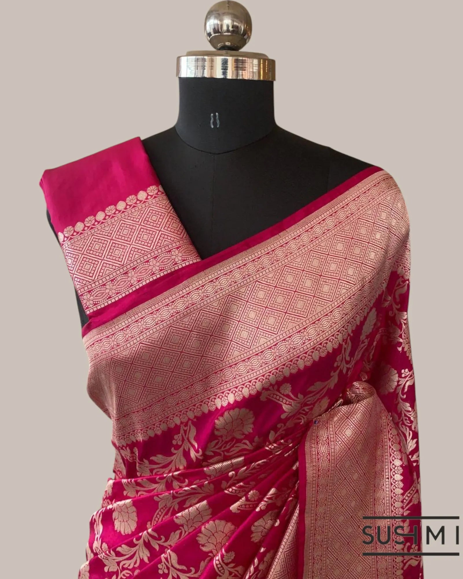 Dark Pink Banarasi Katan Silk Saree with Allover Floral Jaal Weaving