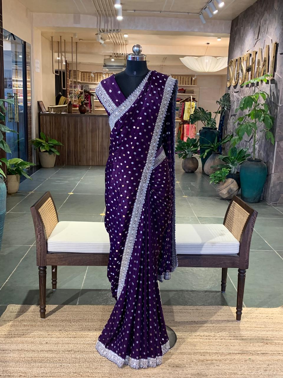 Purple Satin Gorgette Saree with Handwork border & blouse and allover zari butis