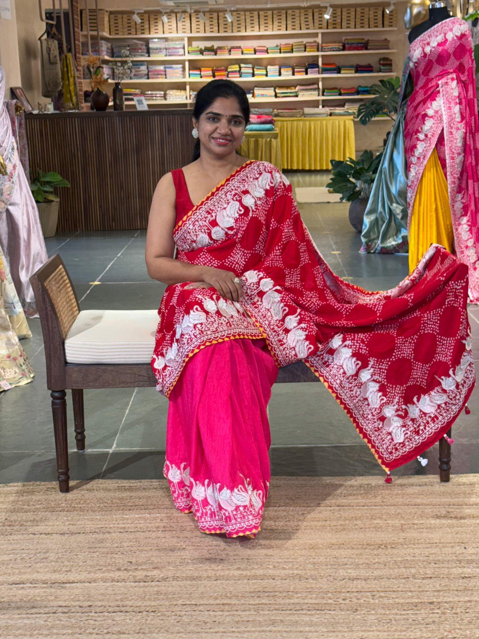 Pure Gajji Silk Rai Bandhej Saree in half and half style with Swan embroidery