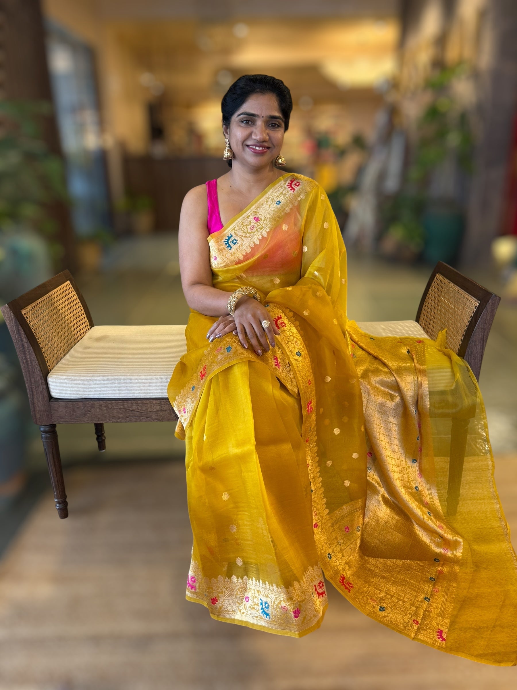 Mustard Shaded Premium Kora Banarasi Saree with Meenakari Kaduwa Woven Border