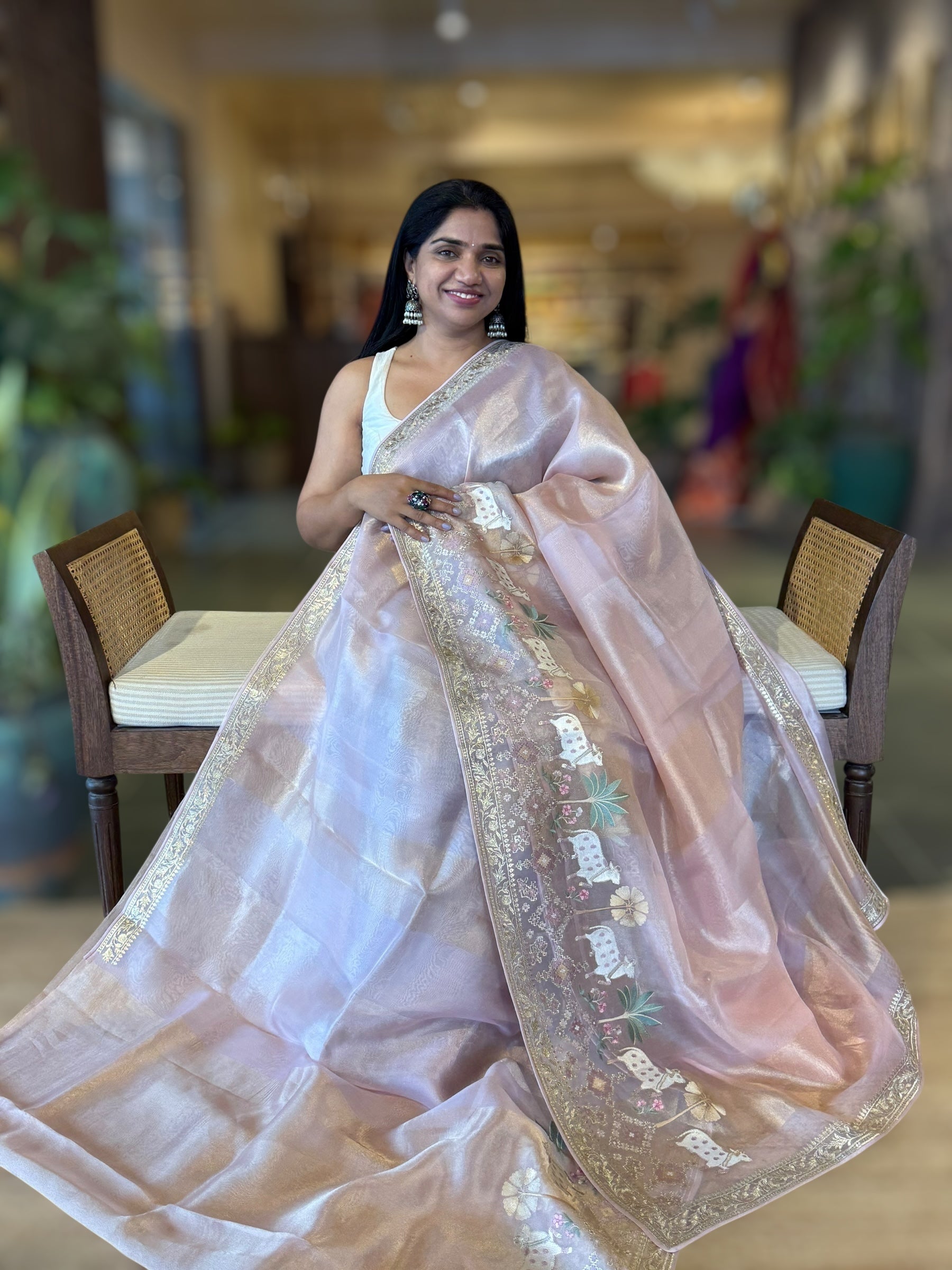 Pale Pink Kora Tissue Stripes Saree With Jamdani  & Pichwai embroidered Border