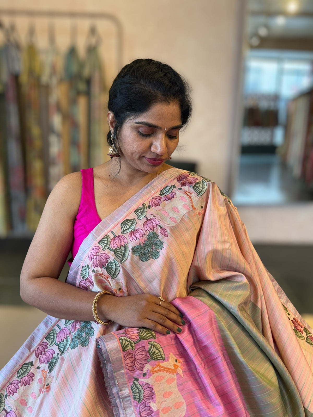 Kanchi Silk Saree in Tricolor With Beautiful Pichwai Embroidered Border