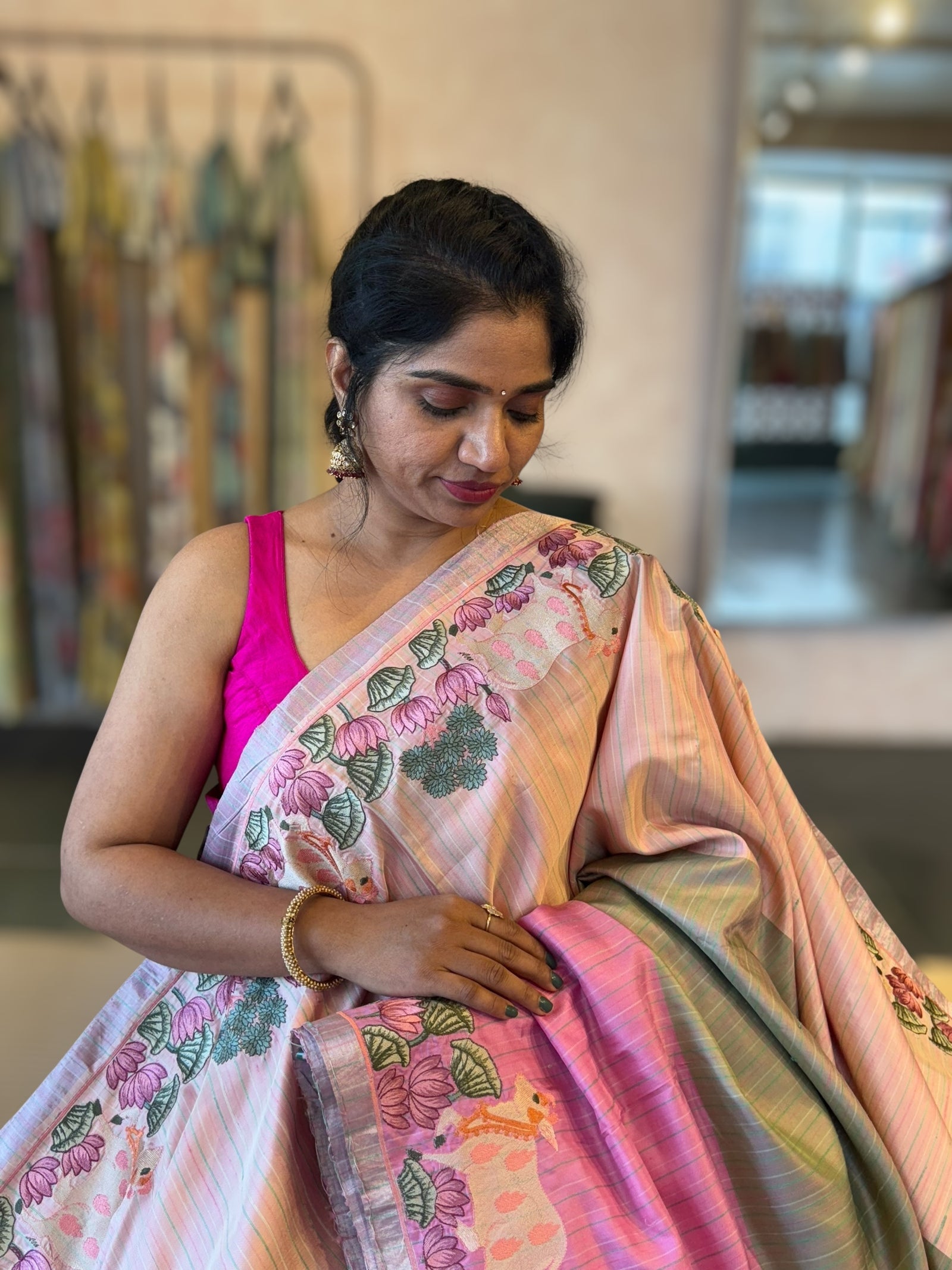 Kanchi Silk Saree in Tricolor With Beautiful Pichwai Embroidered Border