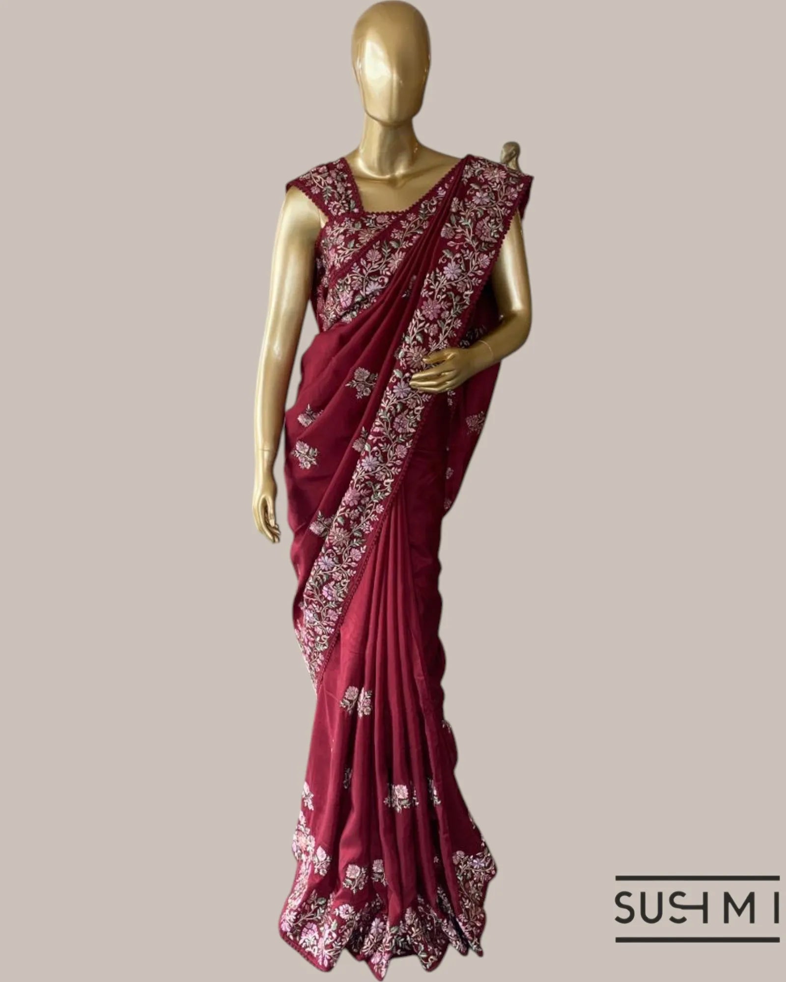 Burgundy Tussar Organza Saree with beautiful multi color embroidered border heml