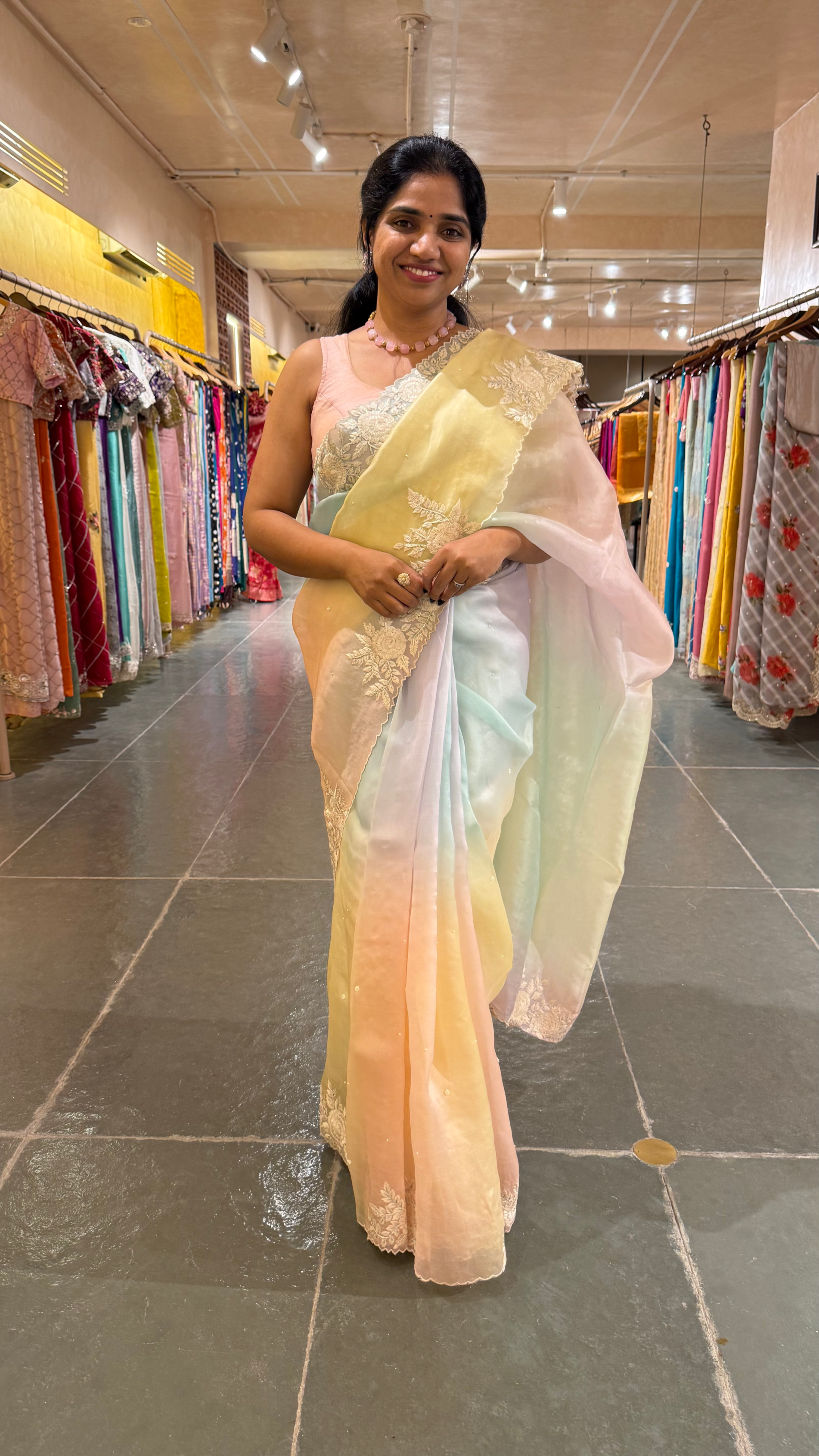 Ombre Dyed Pure Organza Silk Saree with Embroidered Borders