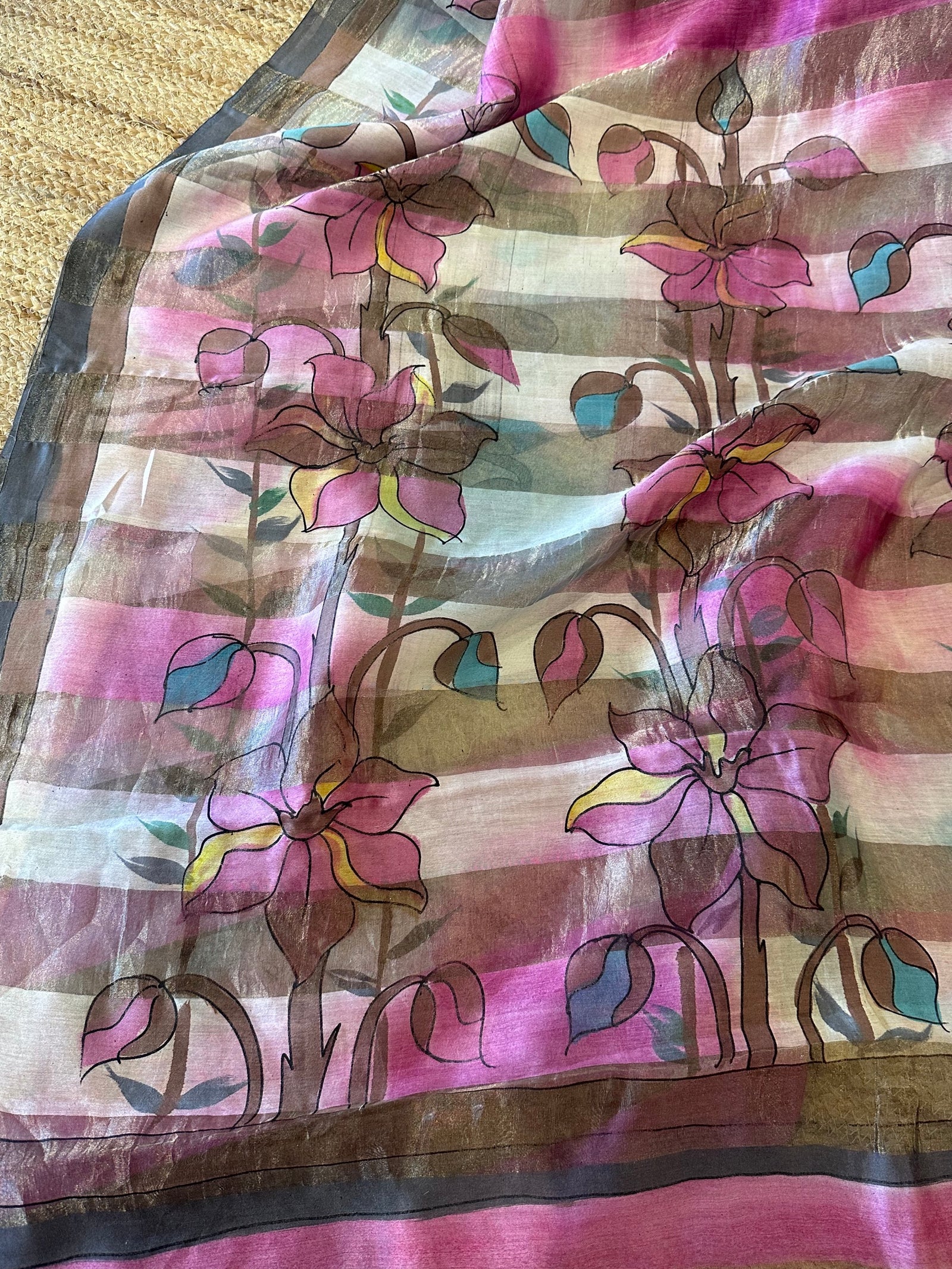 Pure Handloom Banarasi Munga Tissue  Saree with handpainting