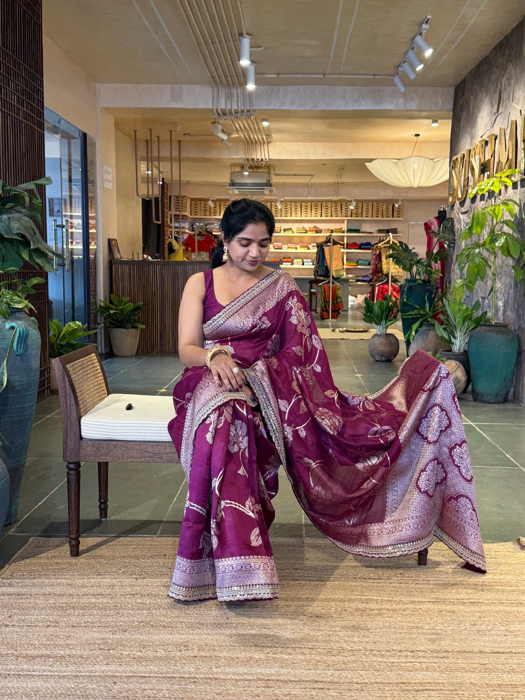 Wine Tussar Khaddi Saree with Allover weaving and sabhyasachi borders STKM15
