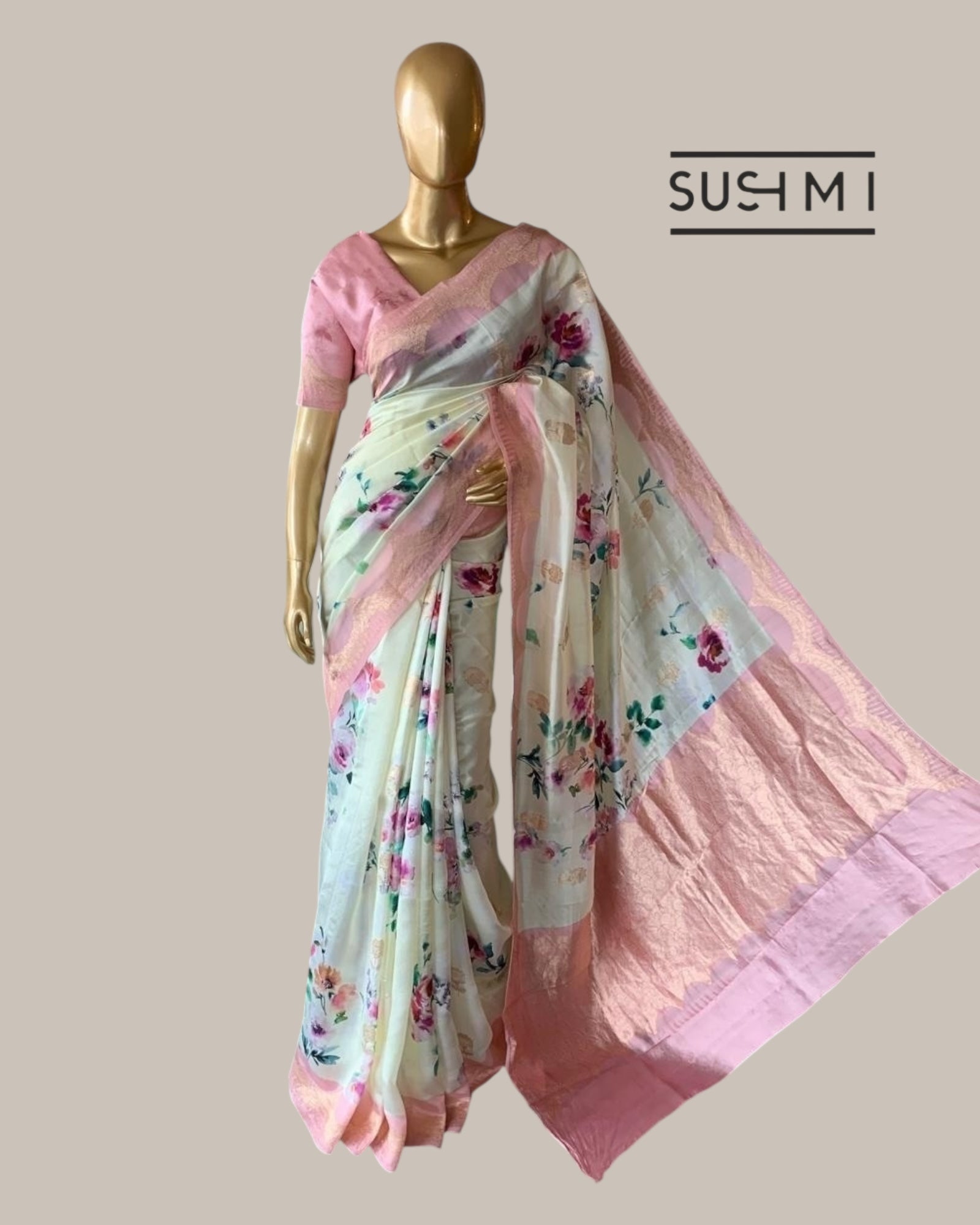 Banarasi Soft Silk Printed Saree With Scalloped Woven Zari Border