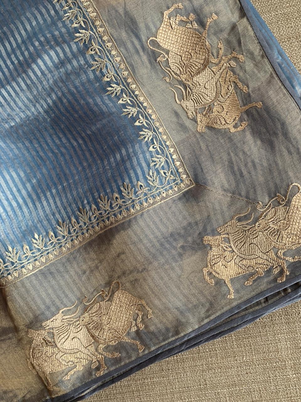 Evening Sky Tissue Stripes Saree with Nandi Border & Tissue Petite Point Blouse