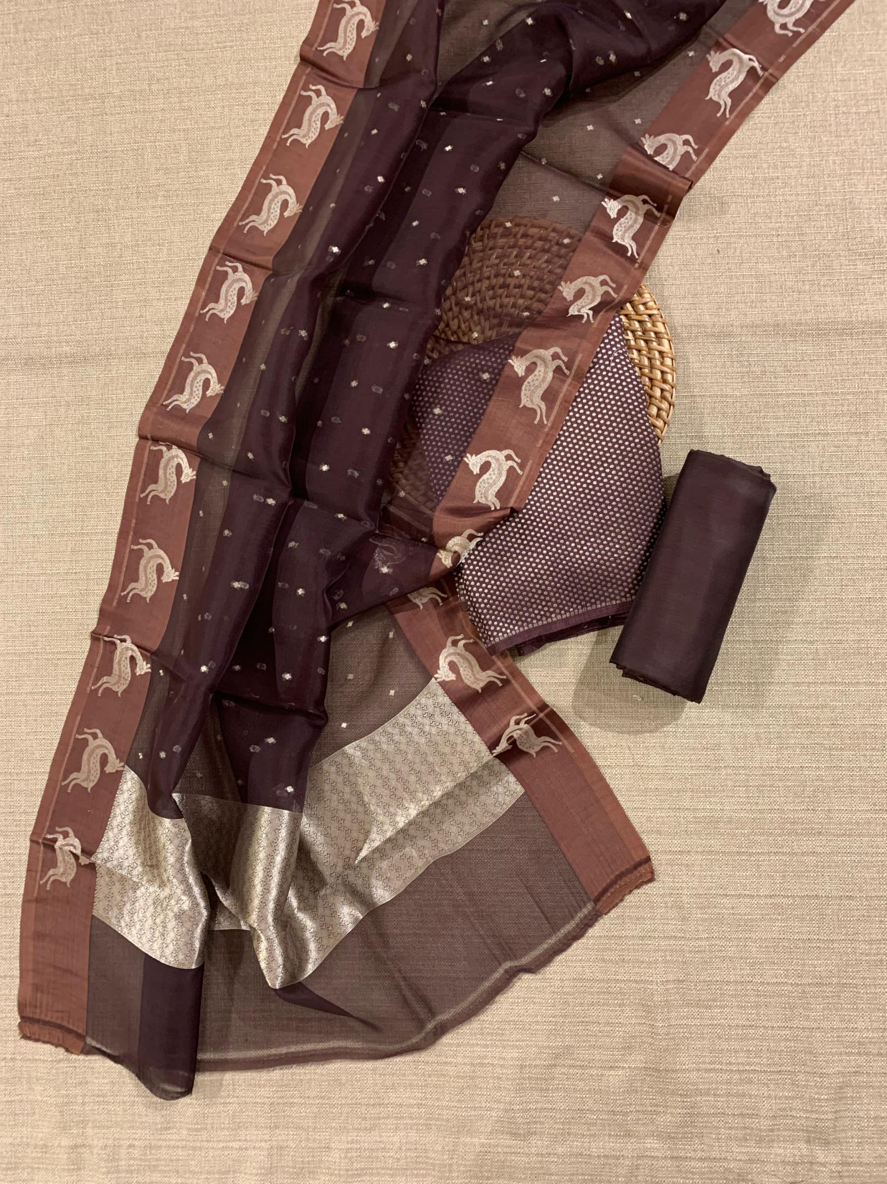 Coffee Brown Pure Handloom Banarasi Moonga Crepe Silk 3-pc Unstitched Suit Set