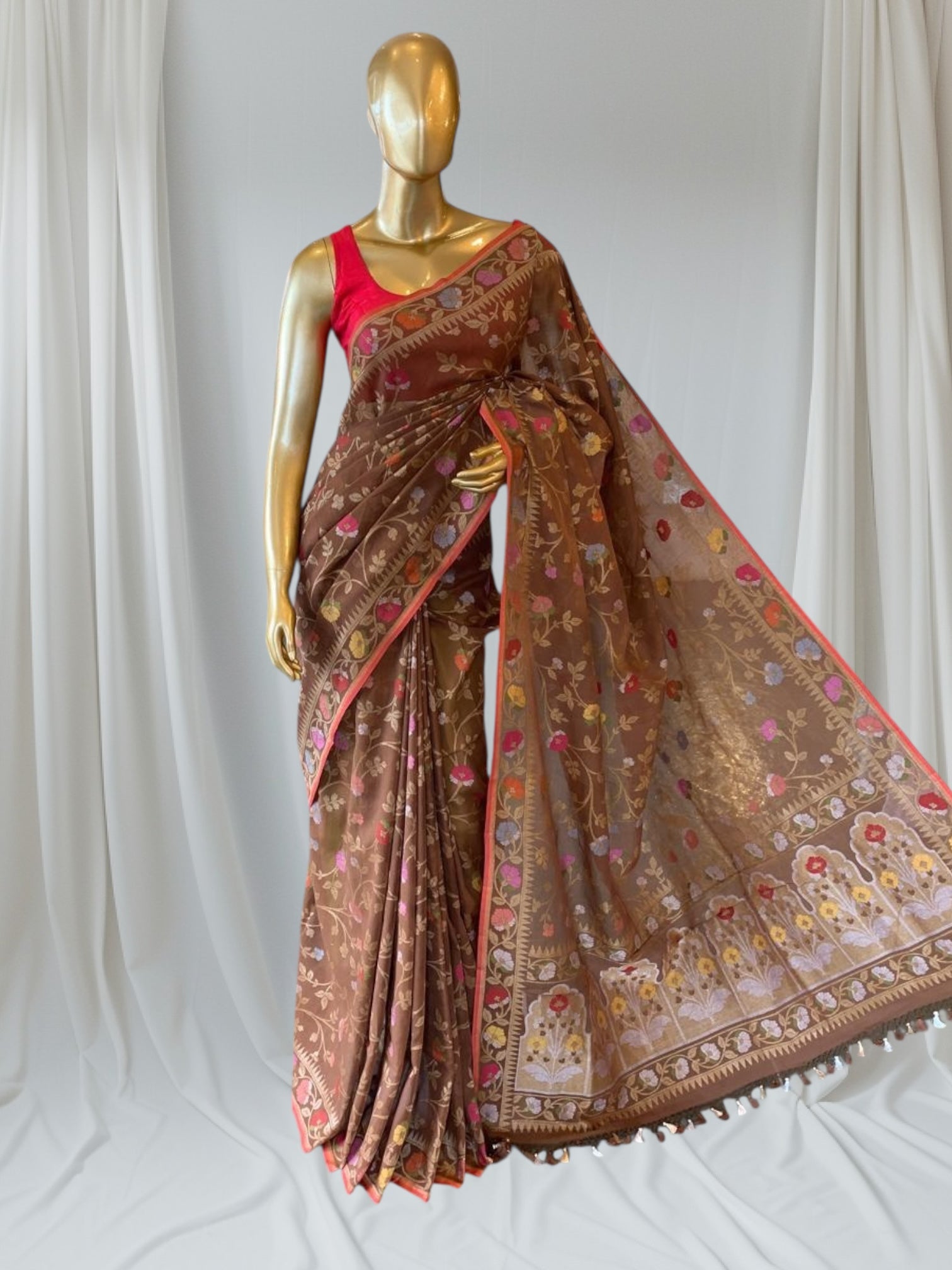 Light Brown Banarasi Handloom Cotton Cut Jamdani Saree With Allover Meenakari