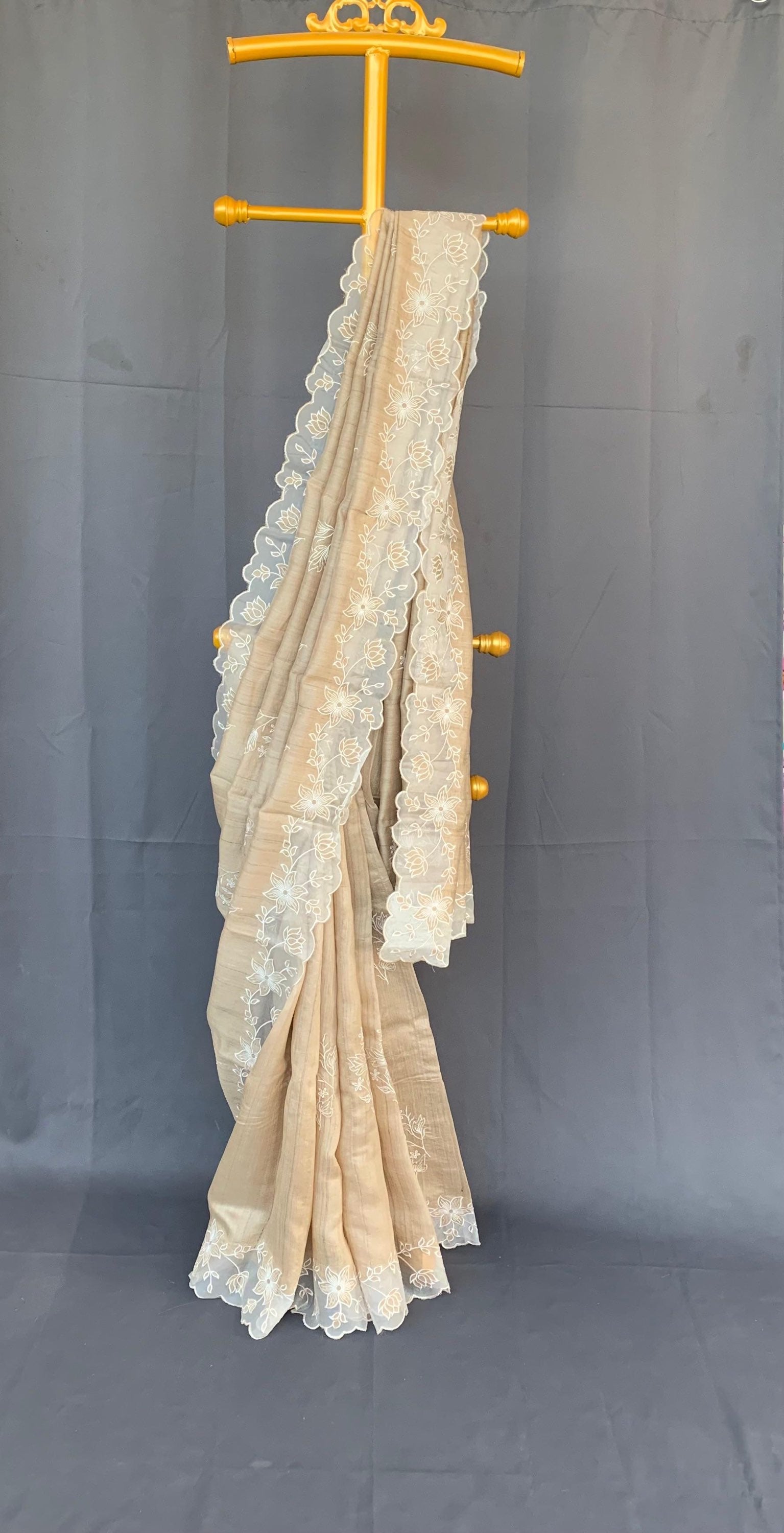 Pure handloom Tussar Designer Saree with Organza Applique Cutwork Border