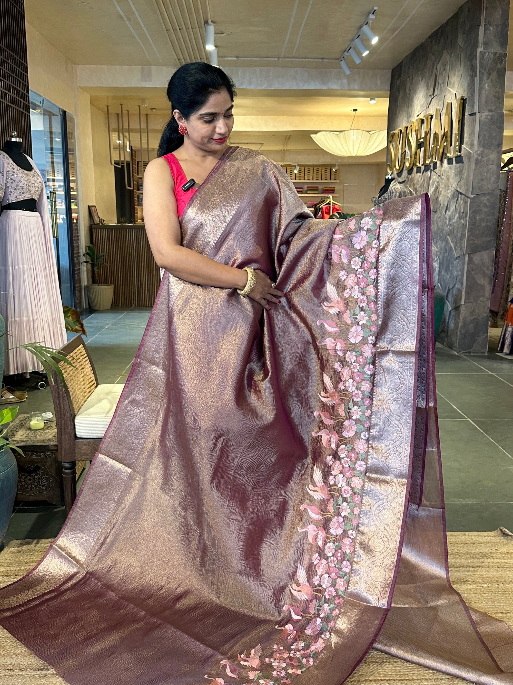 Wine Crush Tissue Saree with traditional and embroidered borders