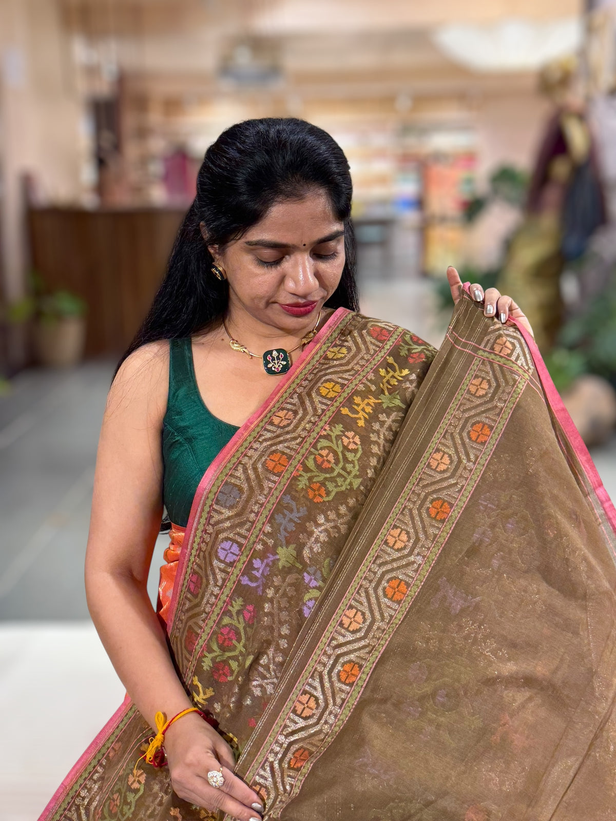 Olive Brown Banarasi Handloom Cotton Cut Jamdani Saree With Allover Meenakari