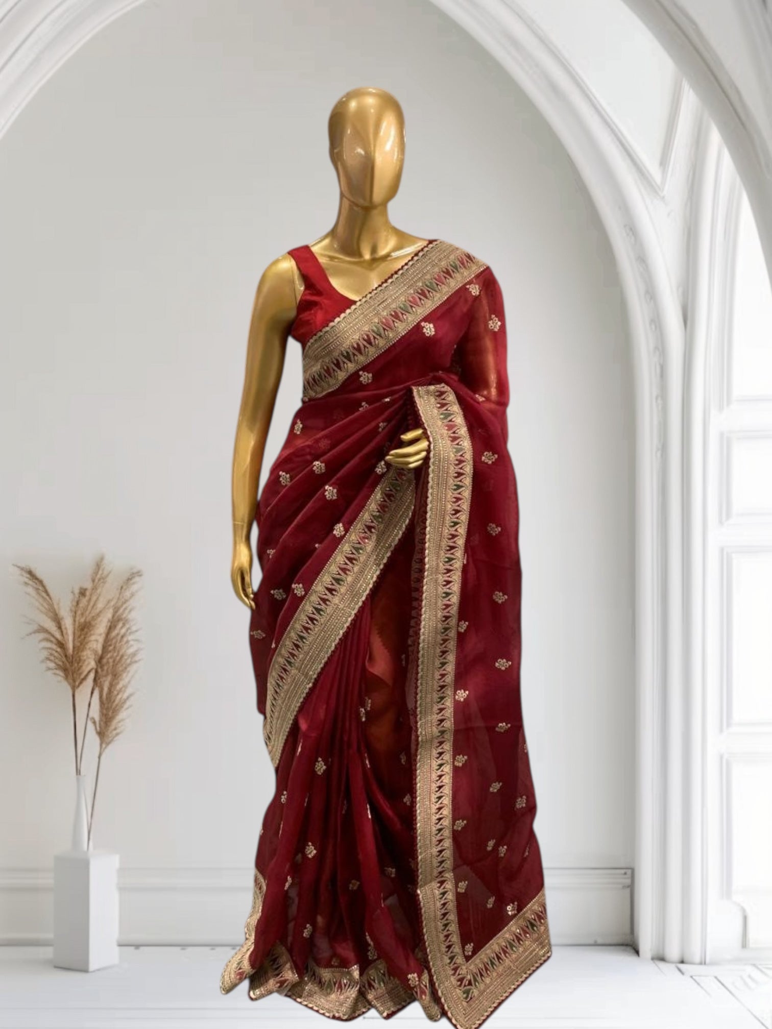 Luxe Brgundy Organza Saree with Sabyasachi-Inspired Border & Blouse