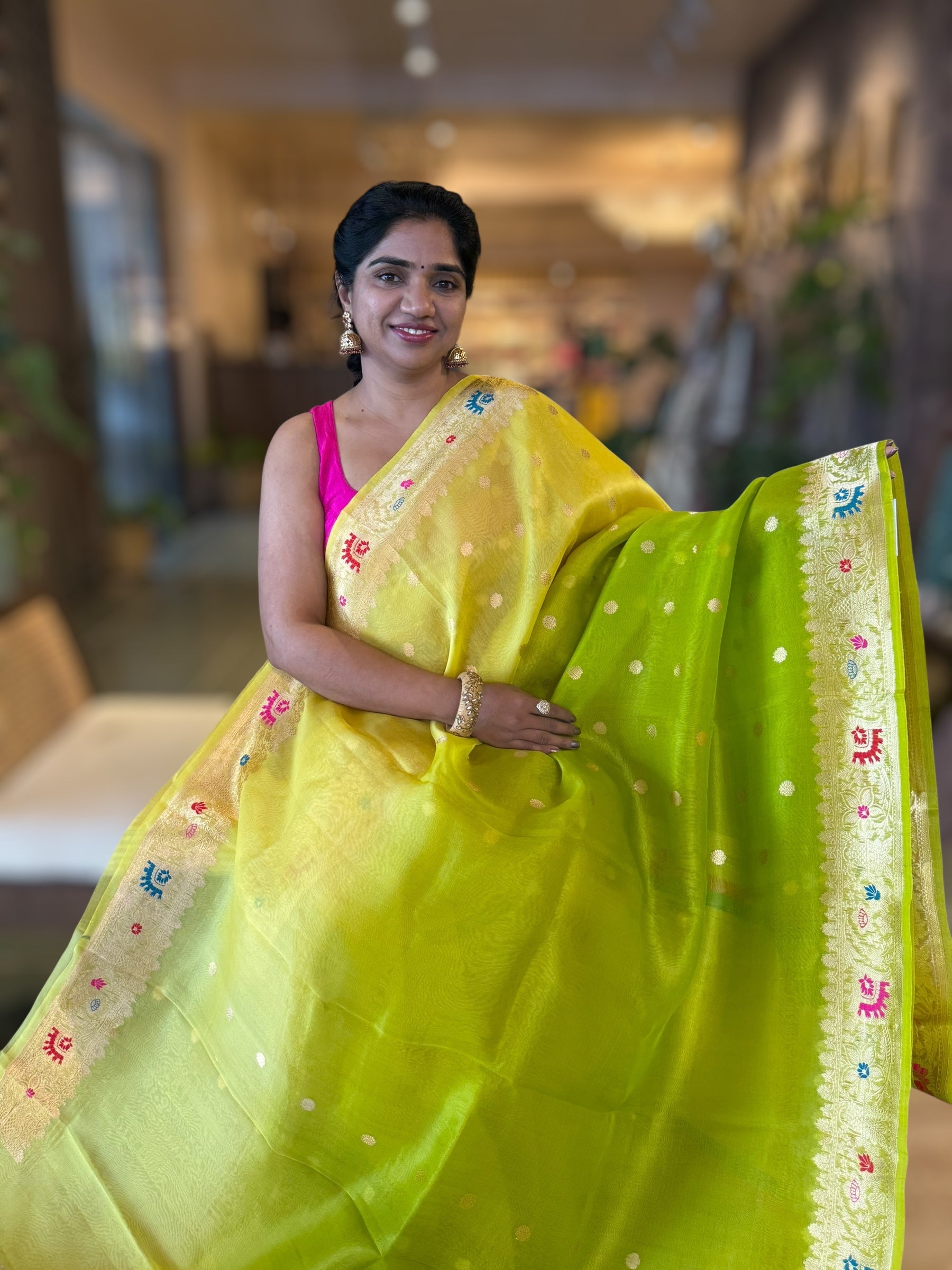 Green  Shaded Premium Kora Banarasi Saree with Meenakari Kaduwa Woven Border