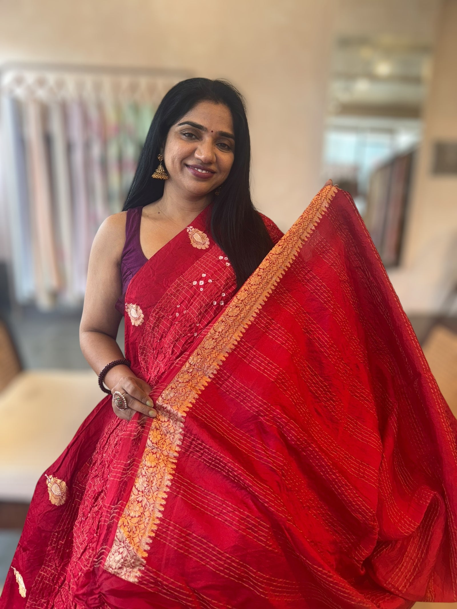 Chilli Red Banarasi Bandhej Silk Saree With Kaduwa Woven Open Mashru Borders