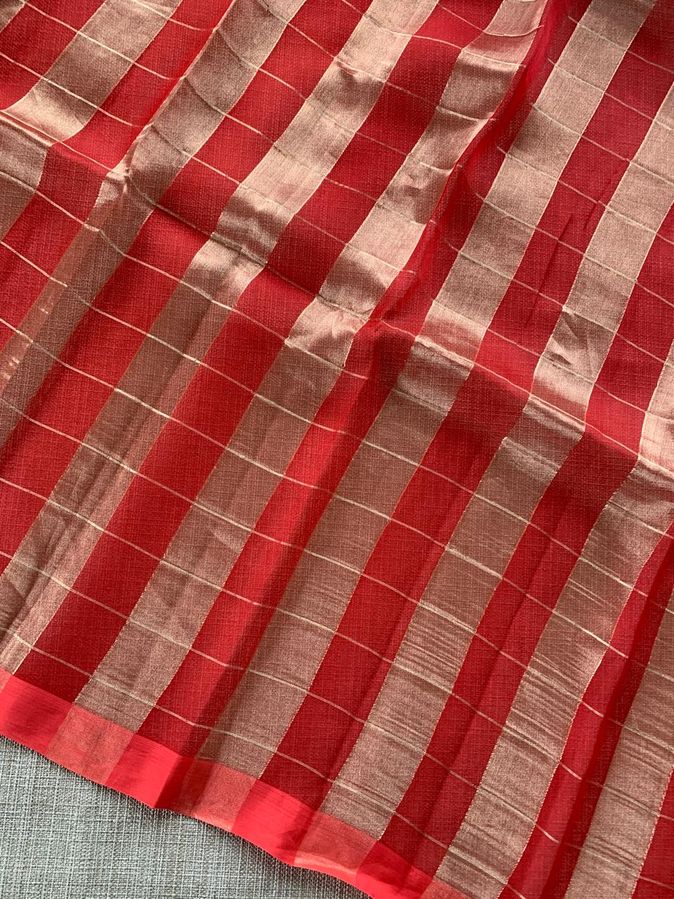 Red Pure Handloom Banarasi Kora Tissue Checks Saree