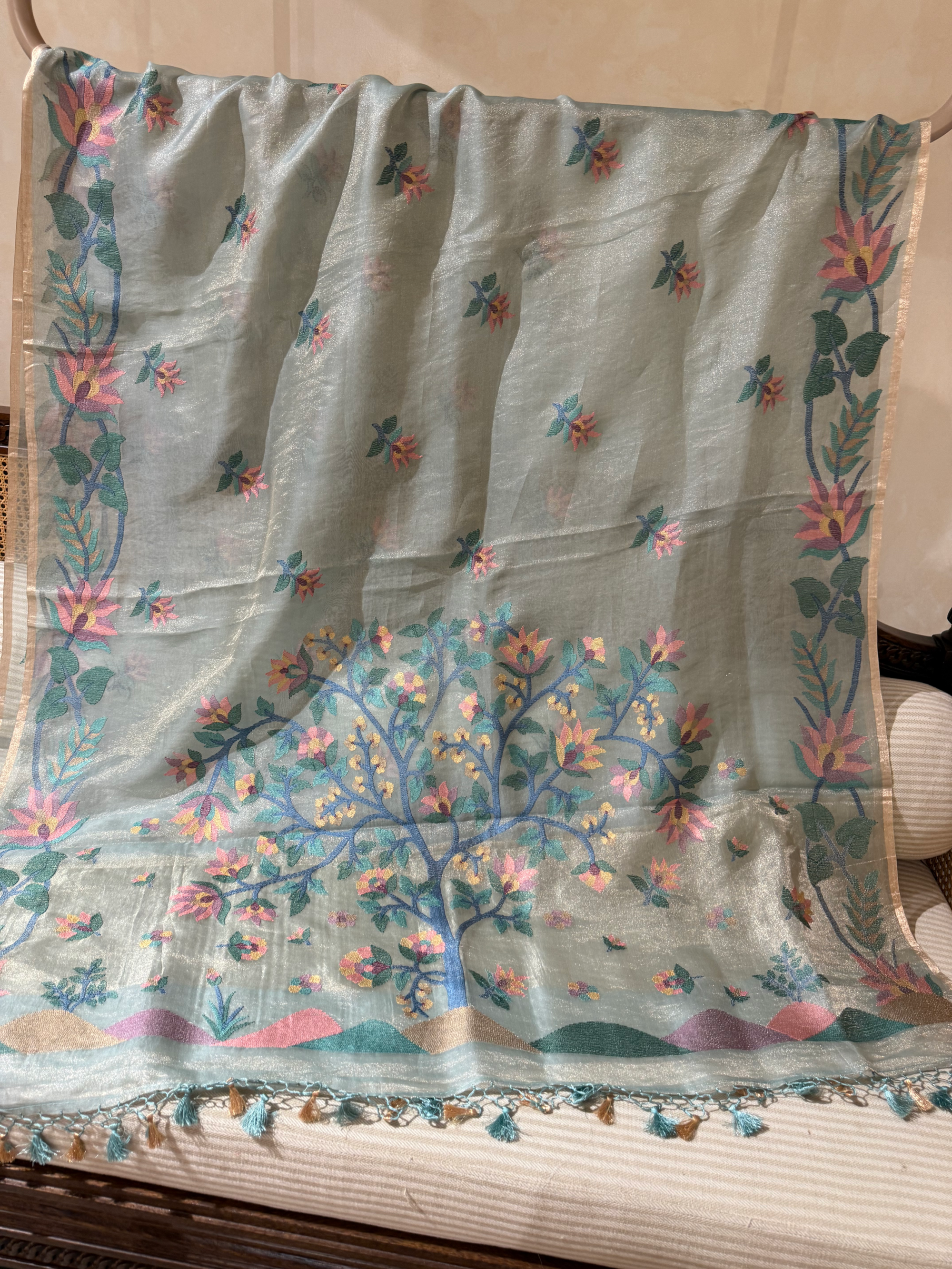 STJA209 :  Light Sea Blue Tissue With Jamdani Look Embroidery