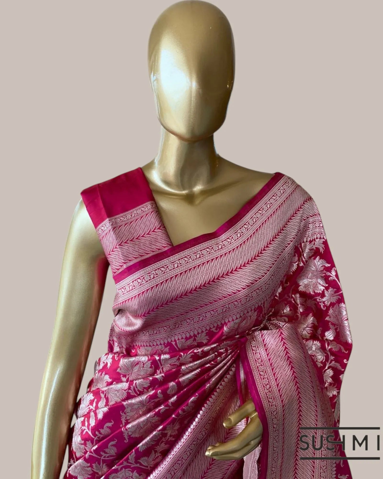 Ruby Pink Banarasi Katan Silk Saree with Allover Floral Jaal Weaving in silver z