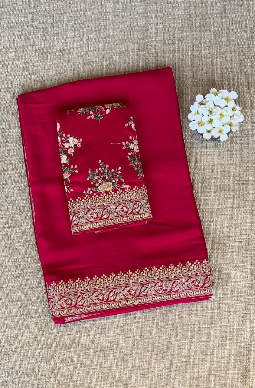 Dark Pink Pure Satin Silk Saree With Sabhya Borders & Allover Emb Blouse