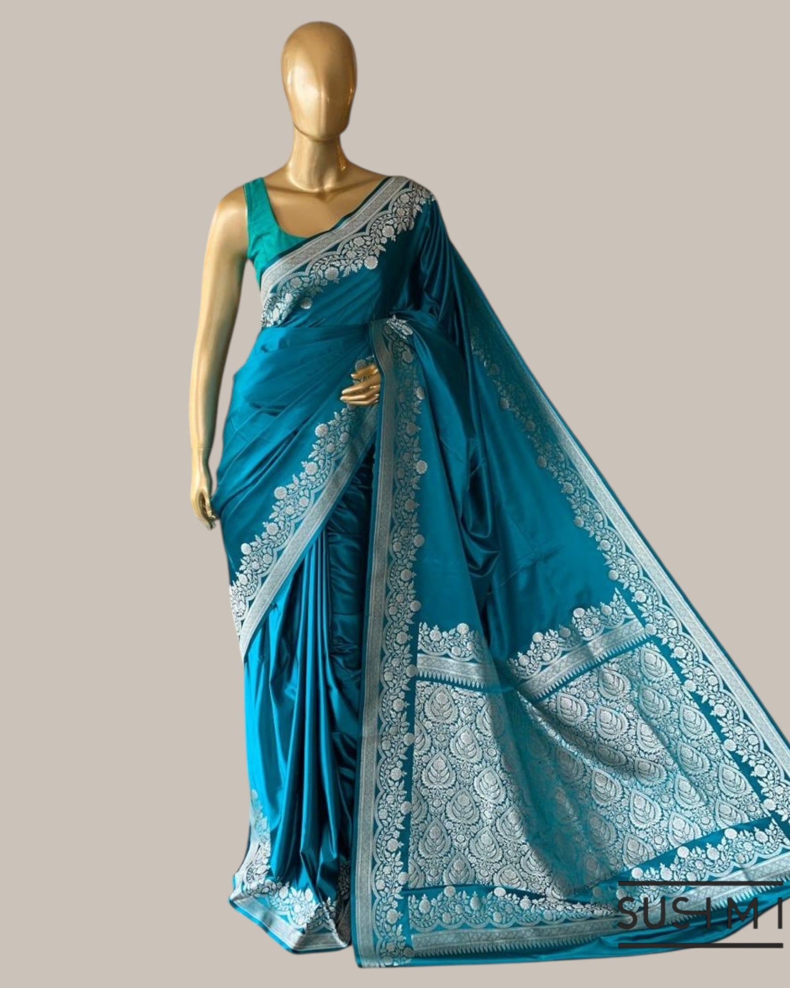 Peacock Blue Mashru Silk Saree With Staright and  Scalloped Border