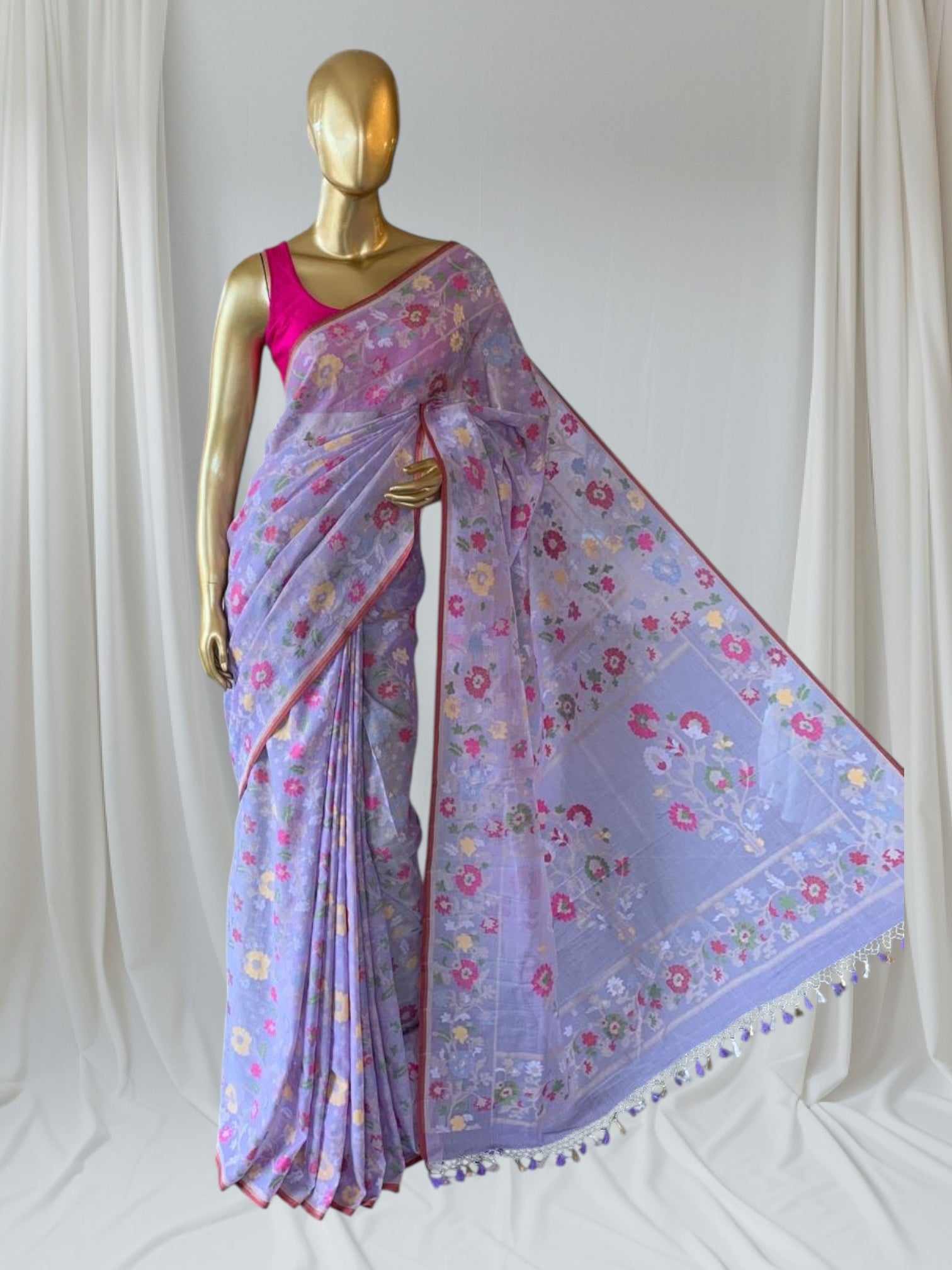 Lilac Banarasi Handloom Cotton Cut Jamdani Saree With Allover Meenakari