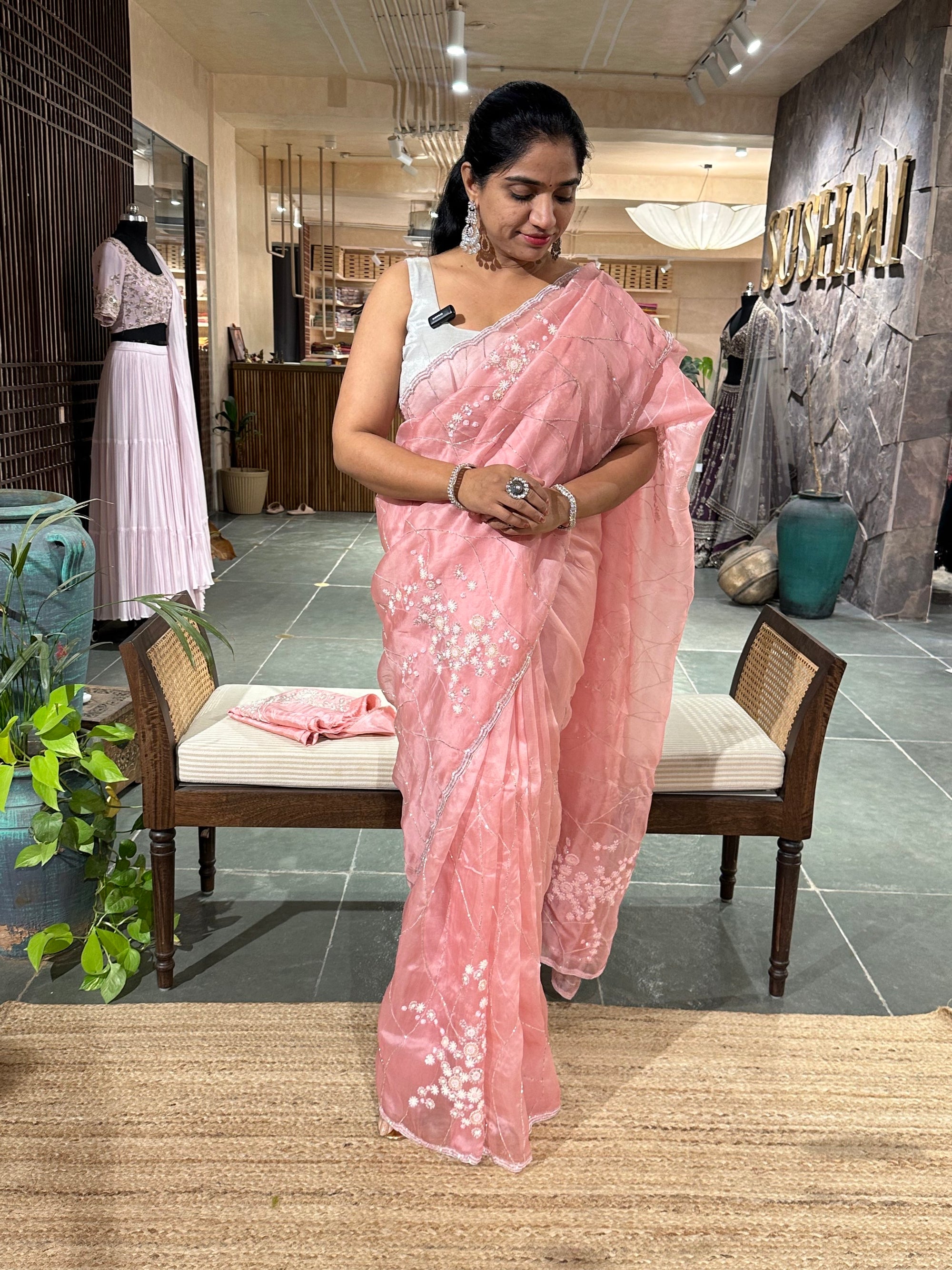Blush Pink Organza heavy handwork saree