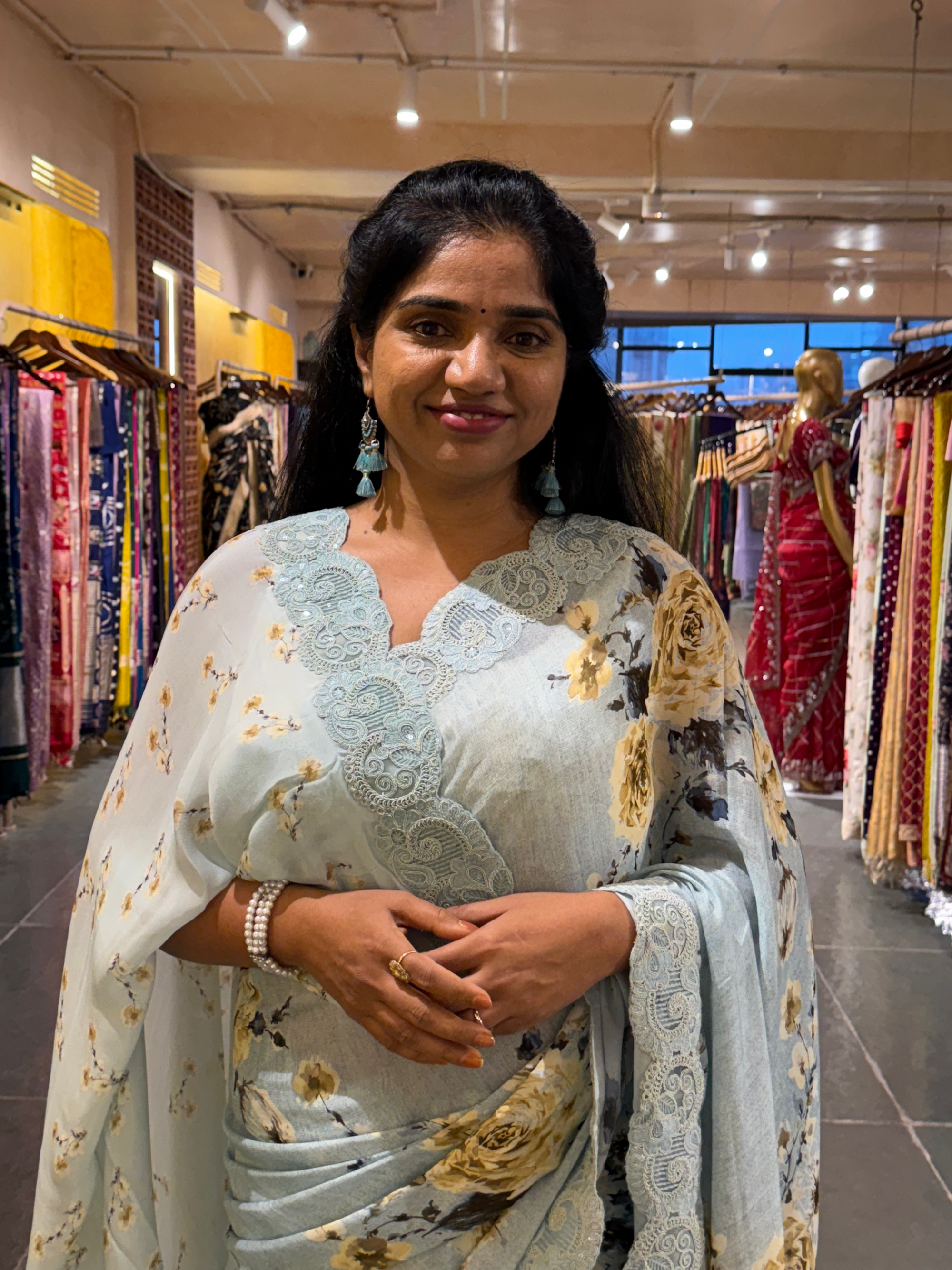 Crepe Silk Gorgette Floral Printed Saree with Cutwork Border