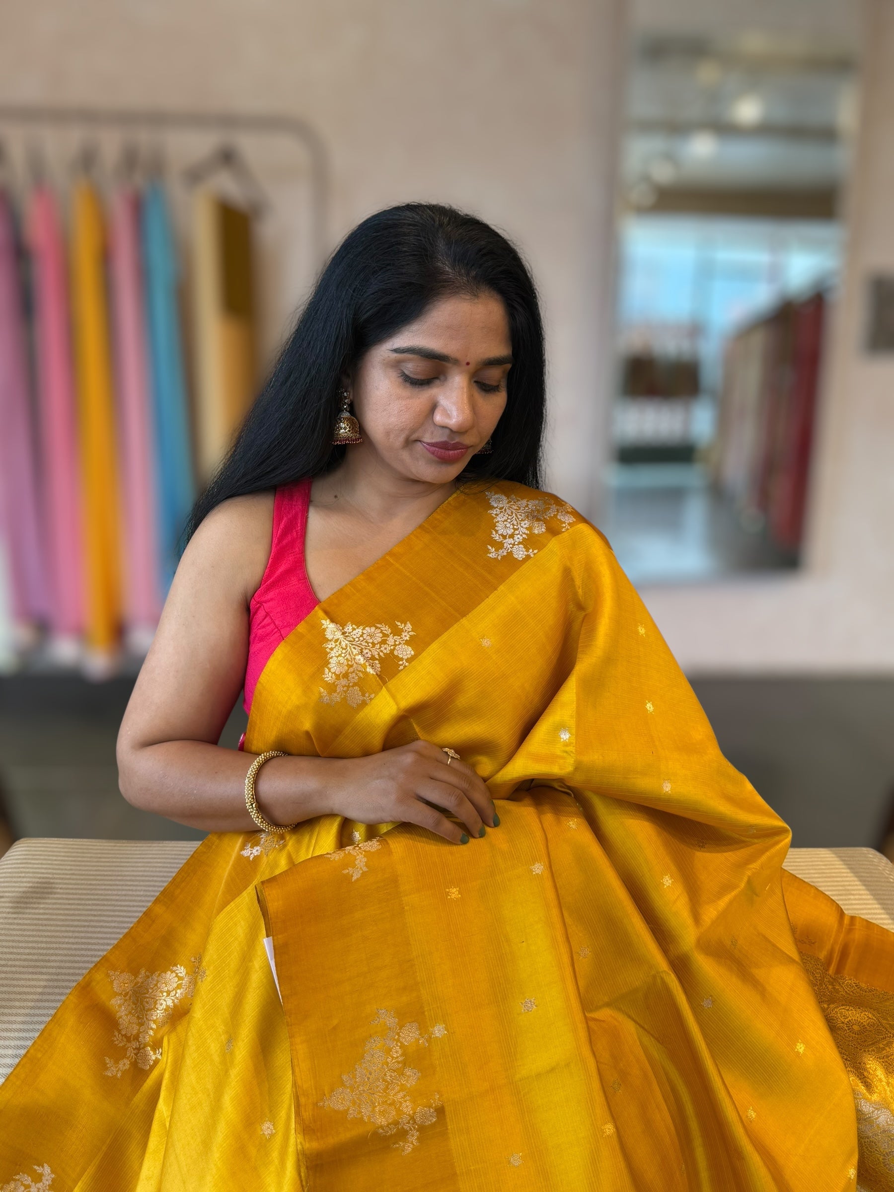 Mustard Yellow Banarasi Raw Mango Silk Saree with Open Borders & Kaduwa Weaving