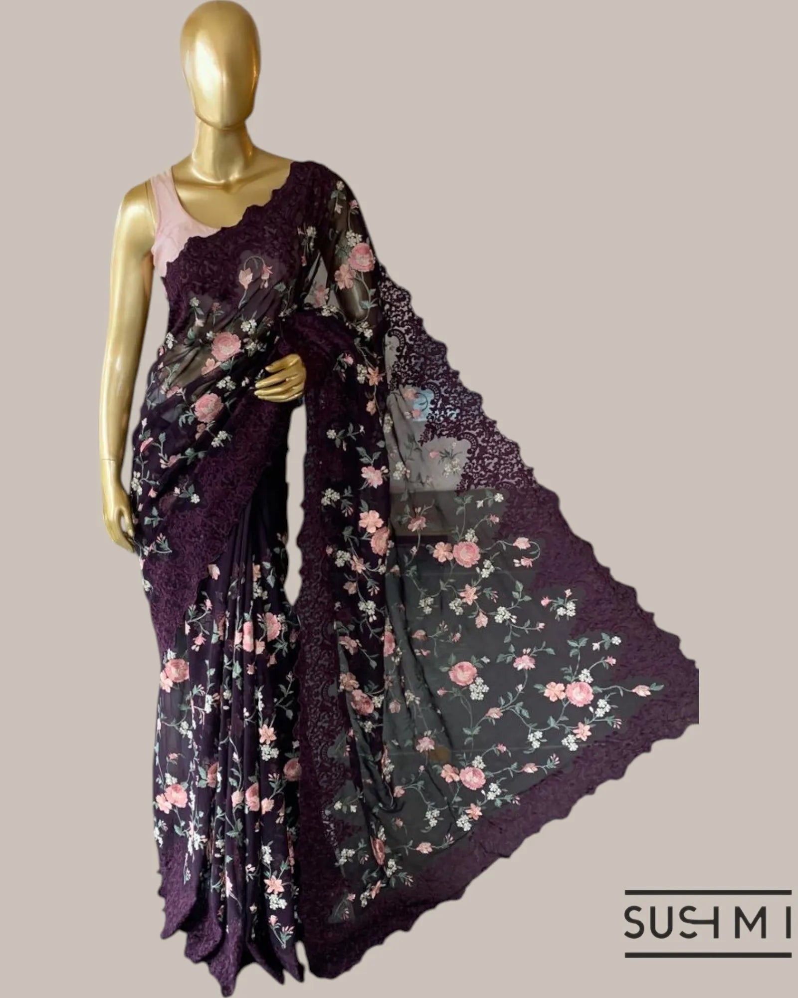 Wine Pure Gorgette Saree With Petite Point Style Allover Embroidery   Original p