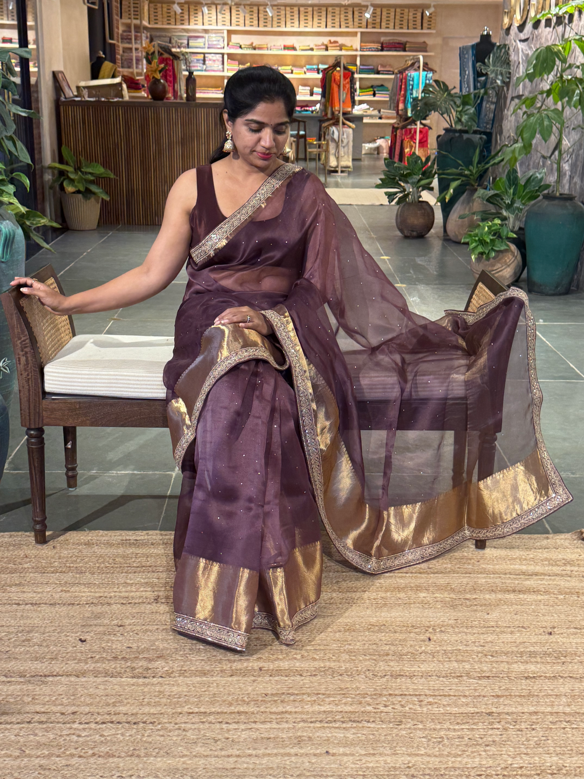 SK1091412ORG:Brownish Wine Kanchi Kora Saree with allover mukaish handwork