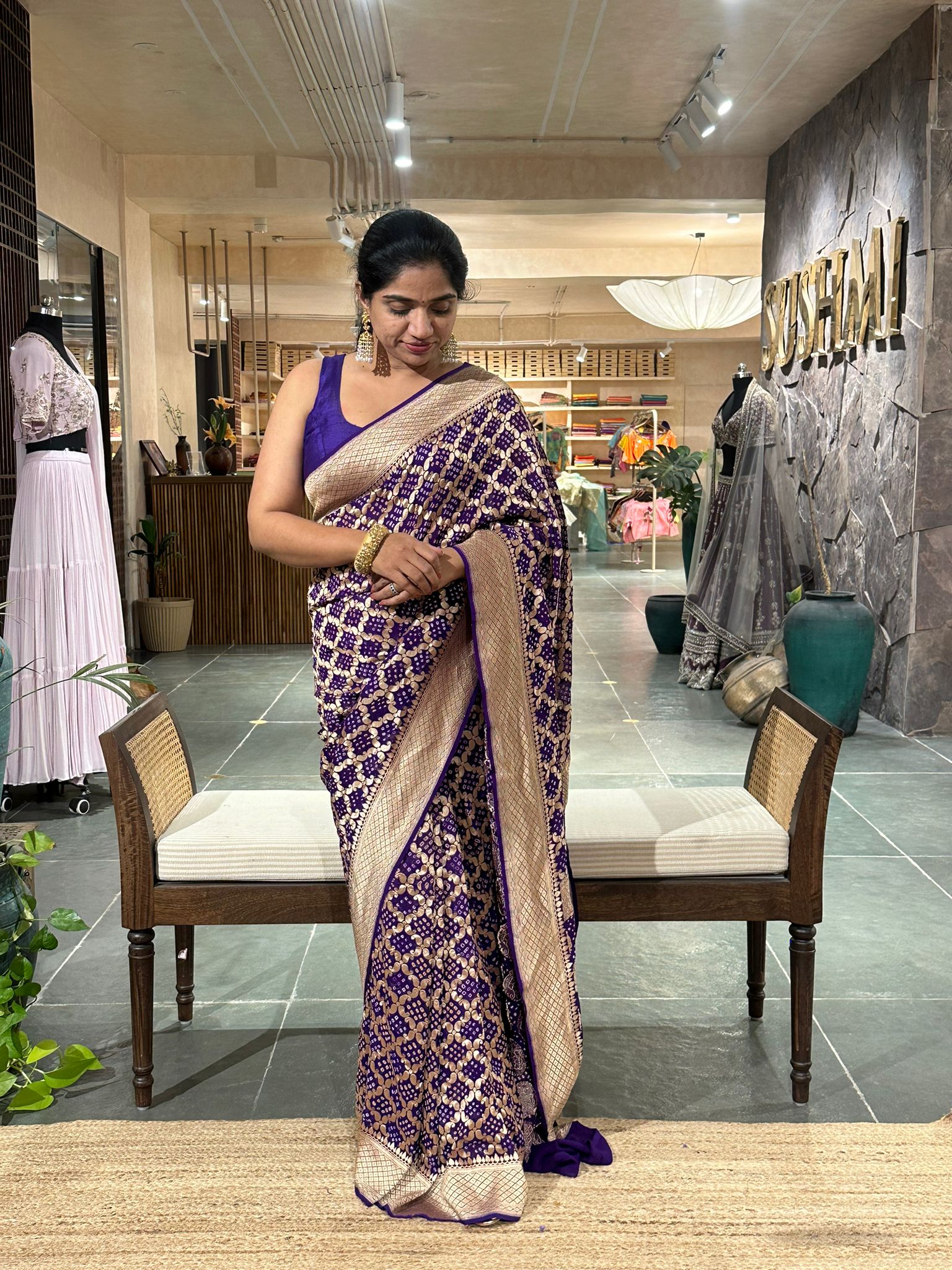 Purple blue banarsi khaddi georgette handmade bandhej work