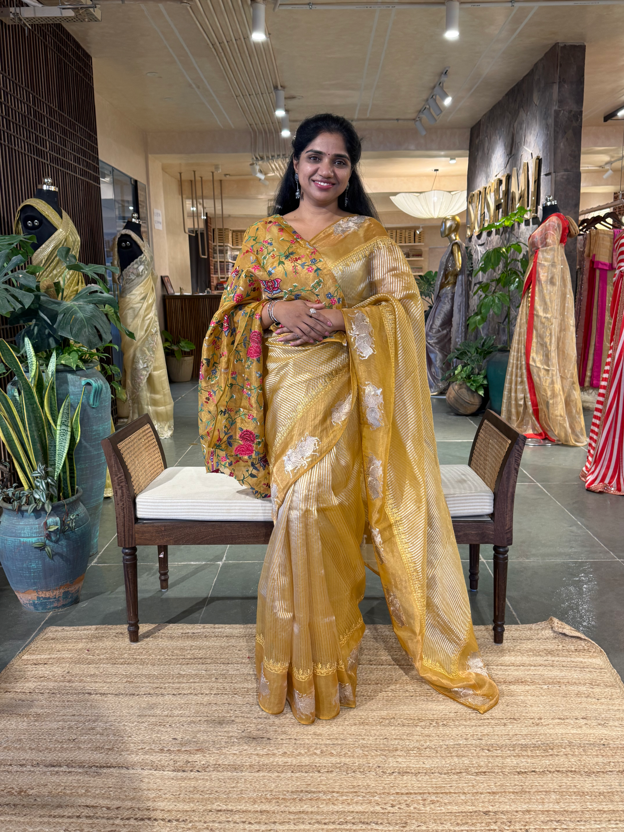 Mustard Tissue Stripes Saree with Nandi Border & Tissue Petite Point Blouse