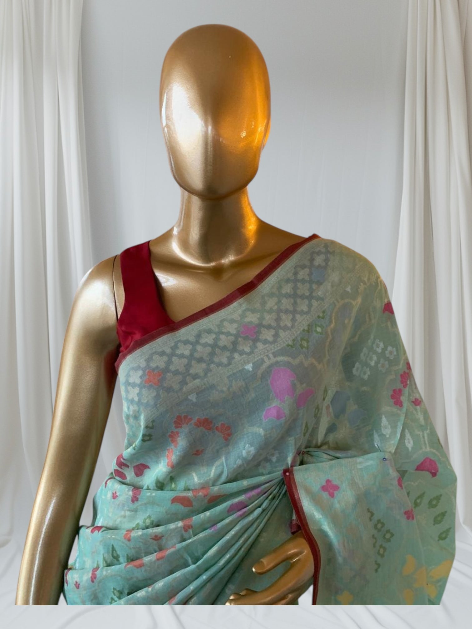 Mint Banarasi Handloom Cotton Cut Jamdani Saree With Allover Meenakari