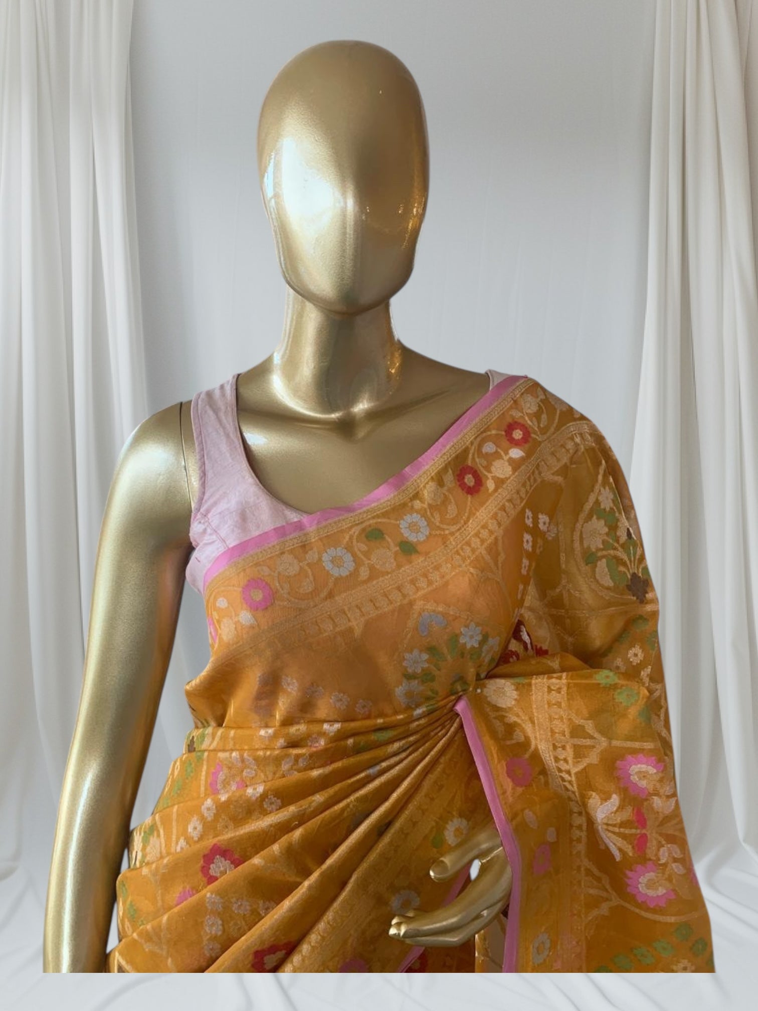 Mustard Banarasi Handloom Kora  Cut Jamdani Saree With Allover Meenakari