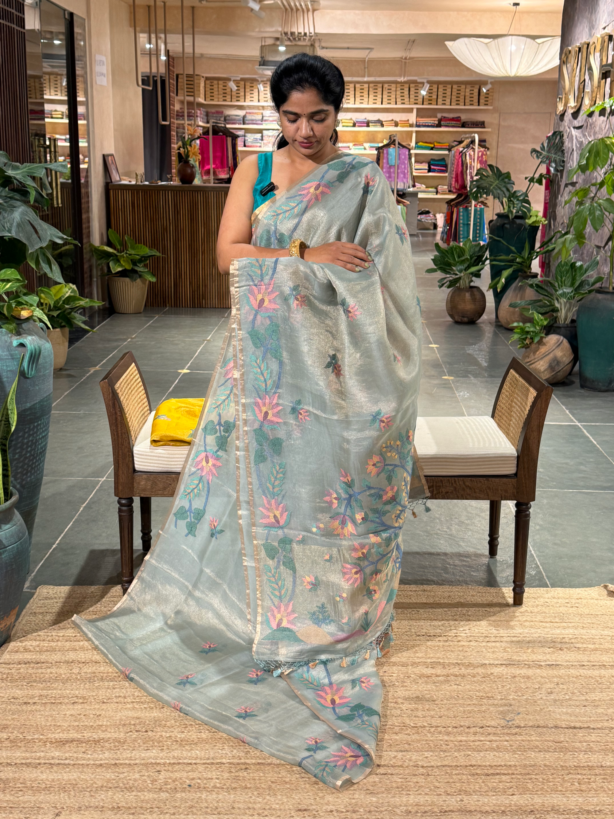 STJA209 :  Light Sea Blue Tissue With Jamdani Look Embroidery