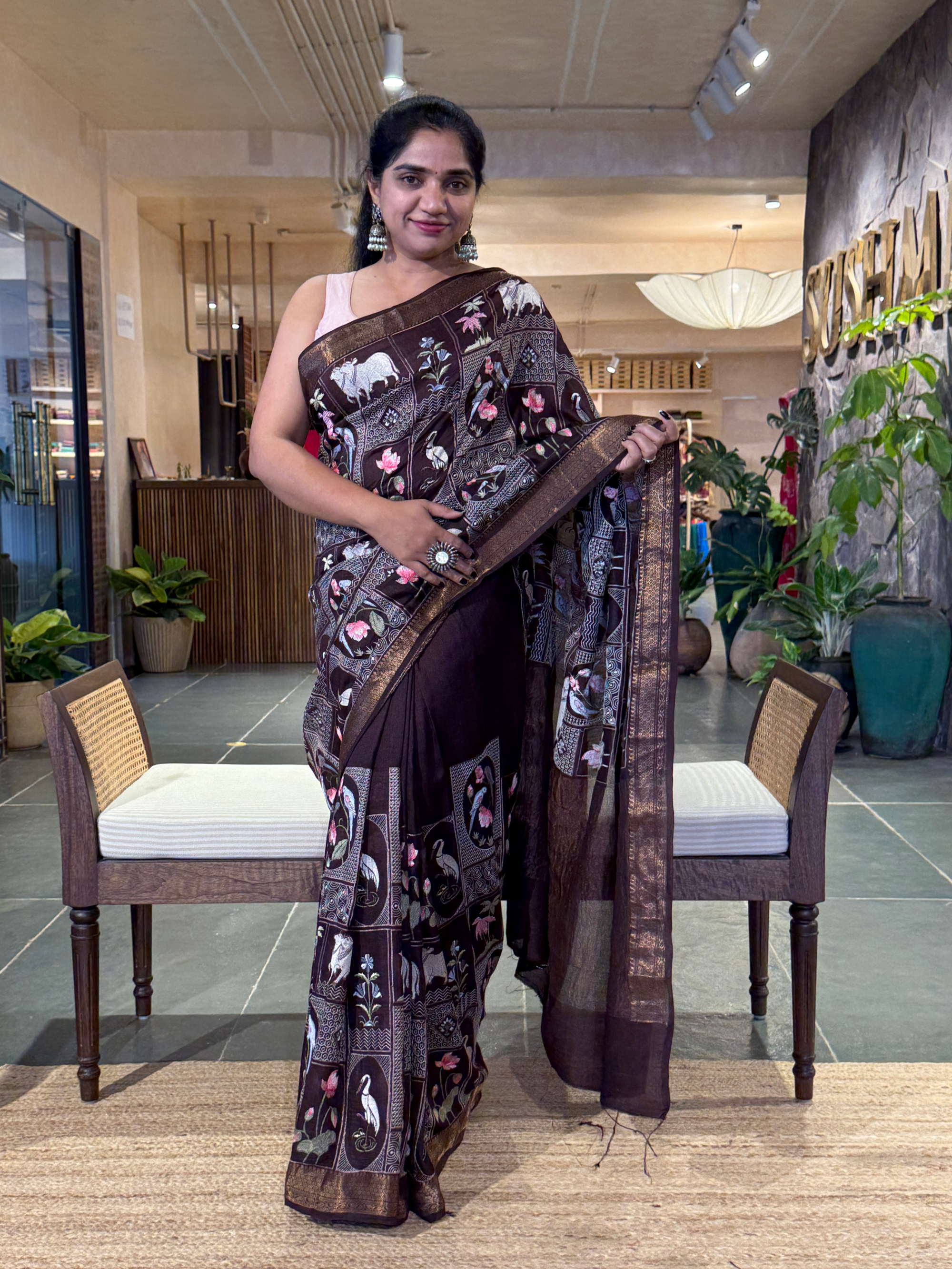 SMSEA106 :  Coffee Brown Pure Handloom Munga Silk Saree with Pichwai Embroidery