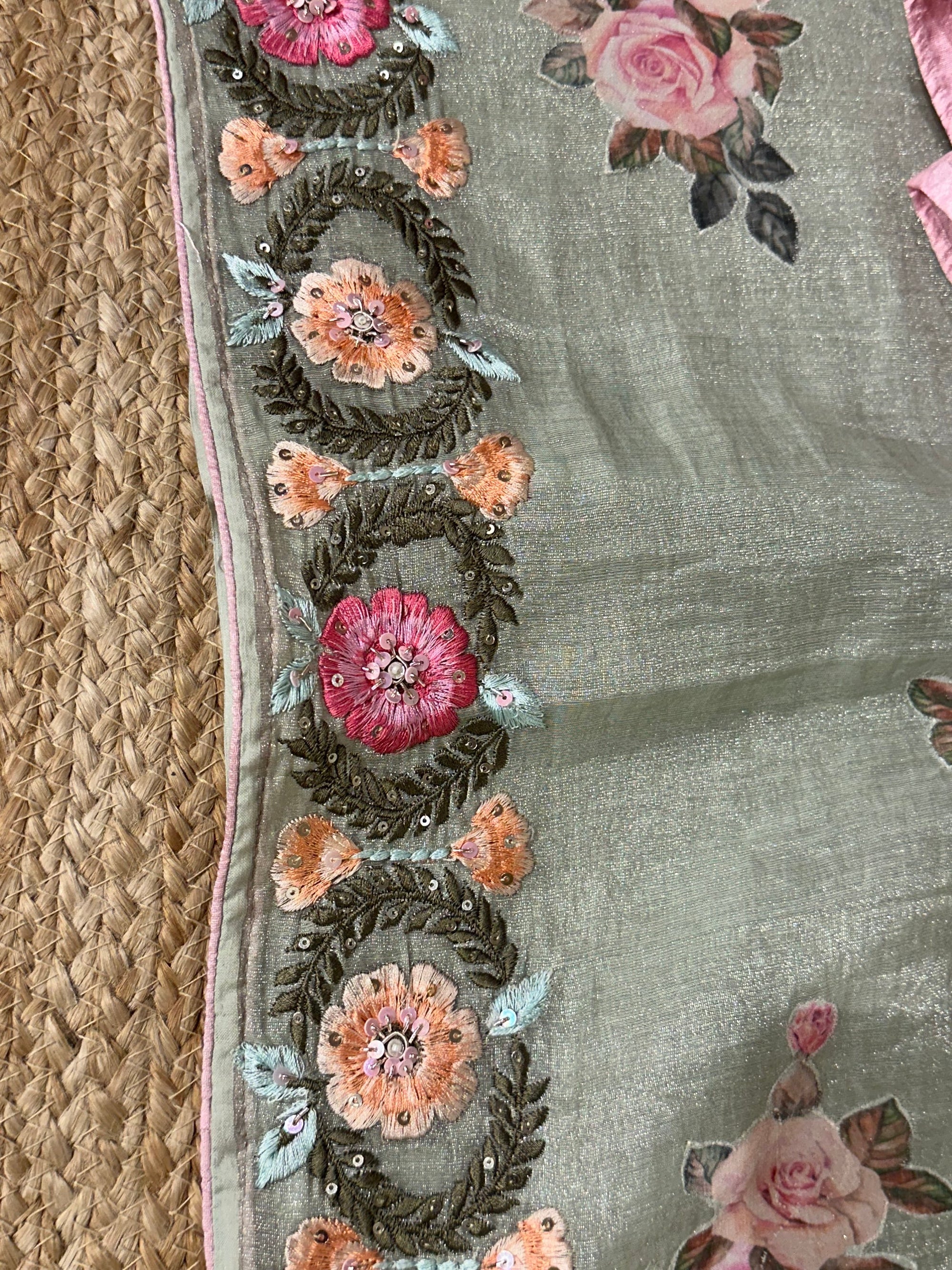 Pista Green Cotton Tissue Saree with allover floral bunches applique work
