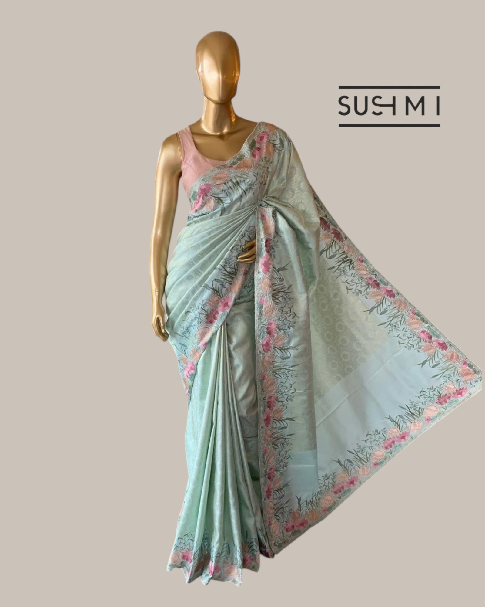Mint Kanjeevaram Brocade Saree Beautiful Pond Theme Embroidered Border.